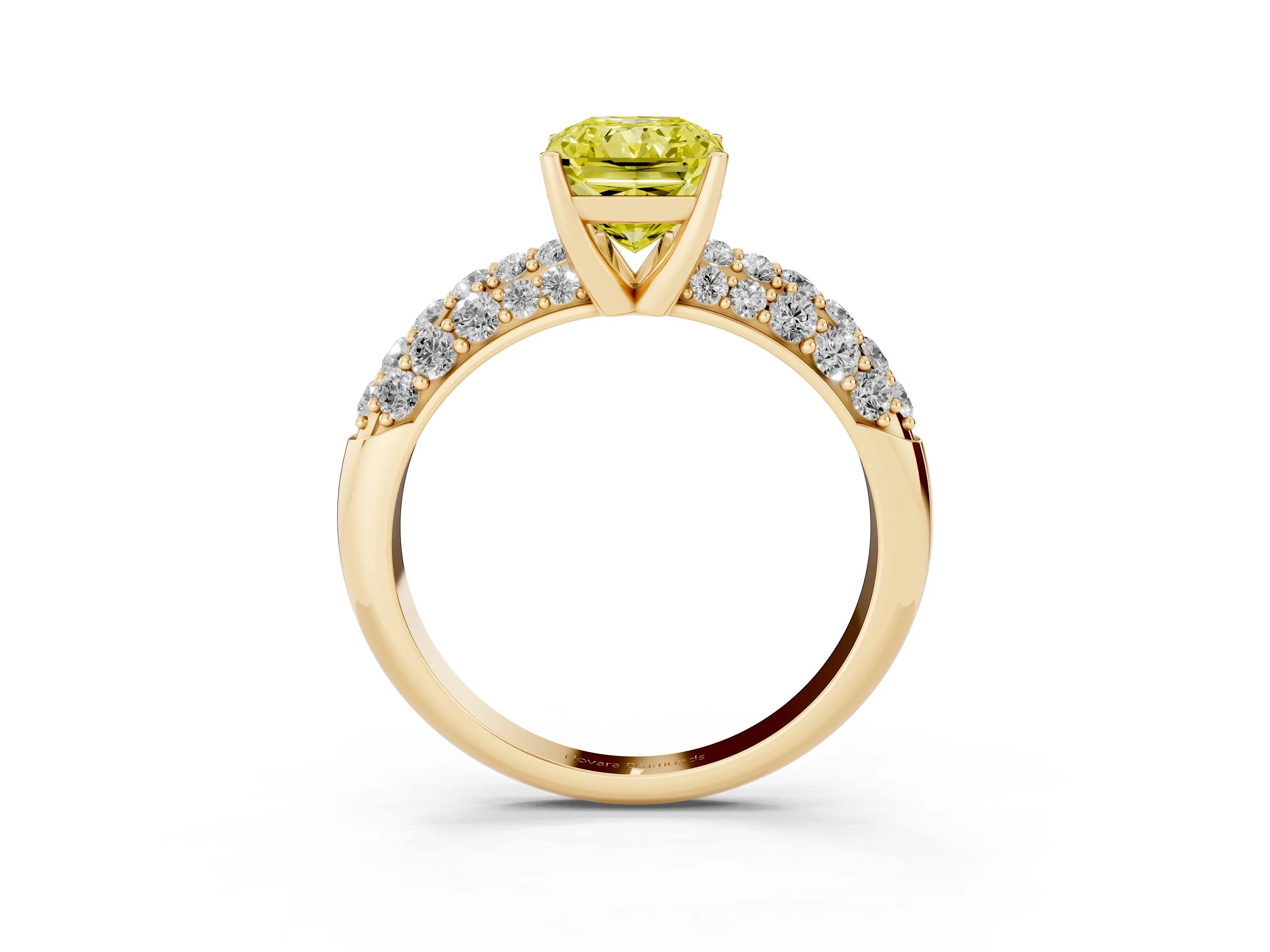 Fancy Yellow Radiant Cut Diamond Pavé Band Solitaire Ring Set in Yellow gold with Close-Set Accent Stones and Prong Setting