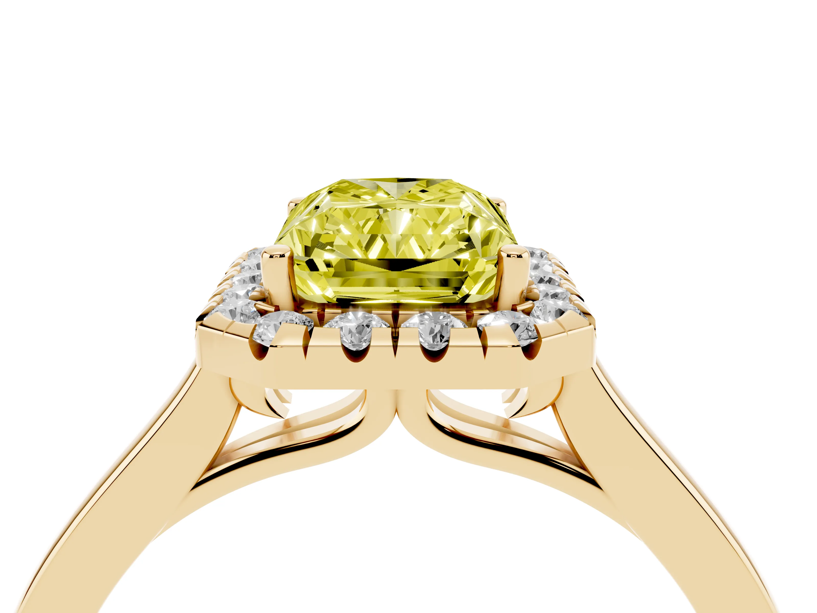 Fancy Yellow Radiant Cut Halo Round Diamond Solitaire Ring Set in Yellow gold with Pavé Band and Prong Setting