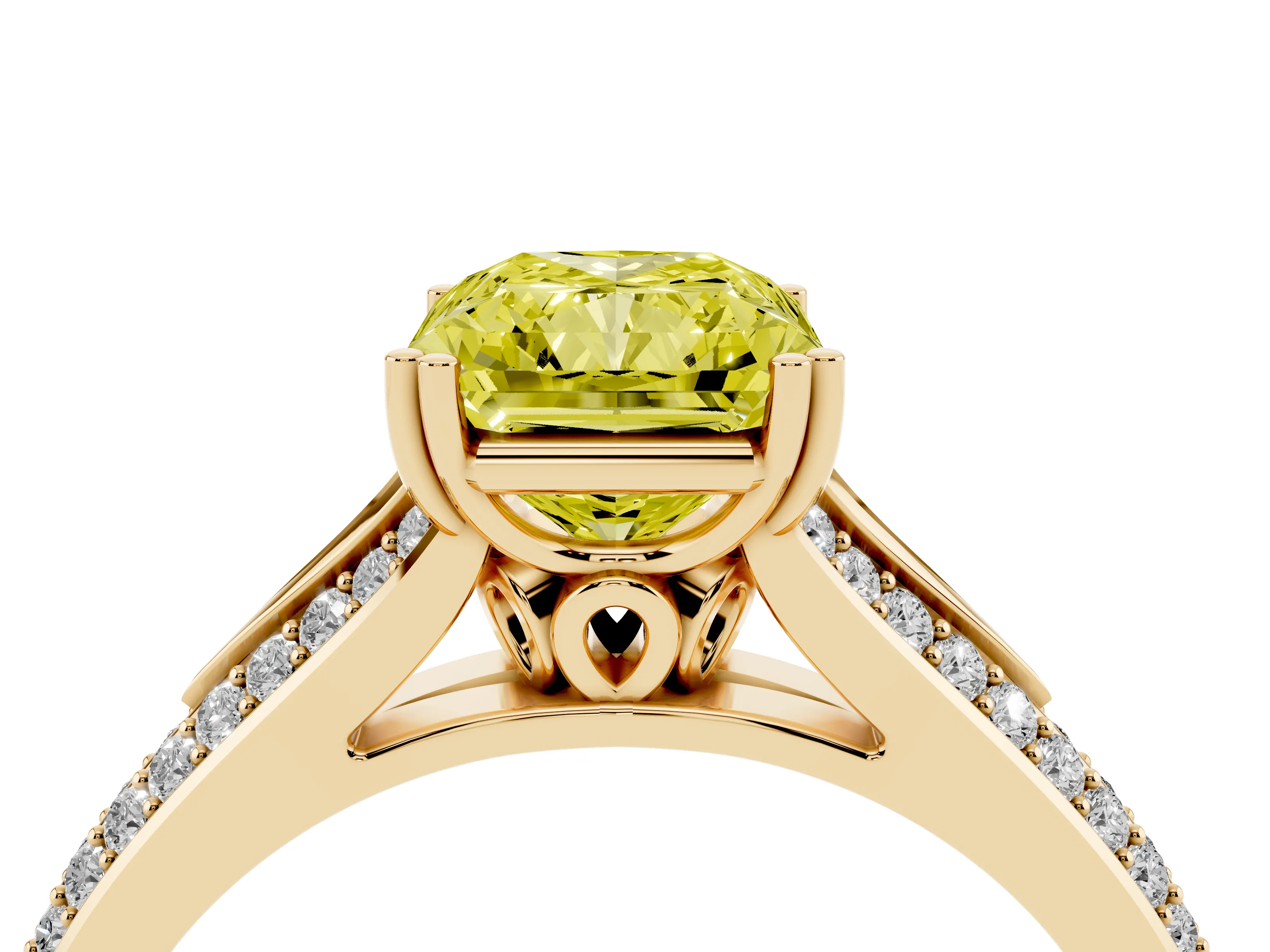 Fancy Yellow Radiant Cut Diamond Split Shank Pavé Engagement Ring Set in Yellow gold with Prong-Set Center Stone