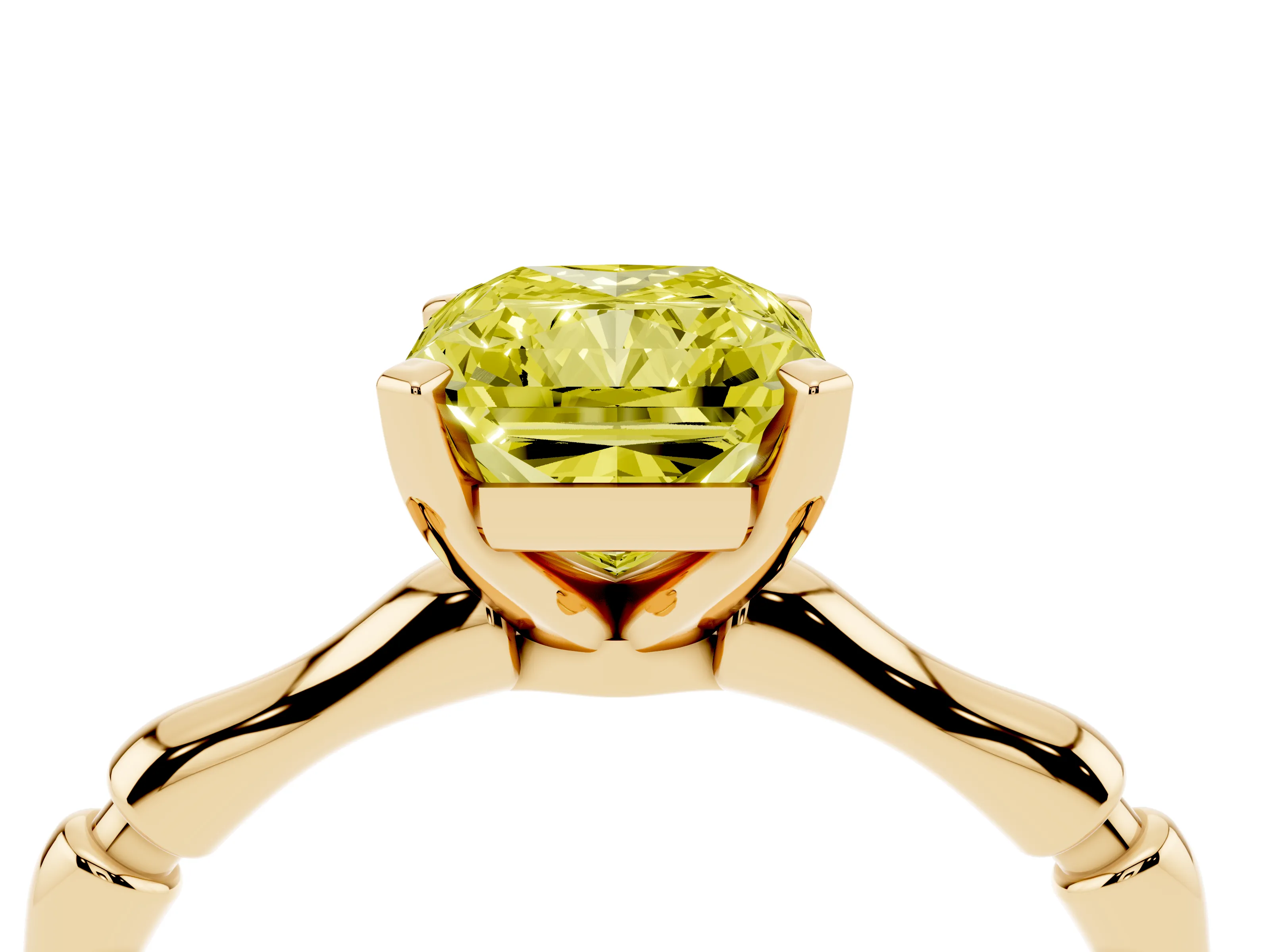 Fancy Yellow Radiant Cut Diamond Solitaire Ring Set in Yellow gold with Bamboo Band and Prong Setting