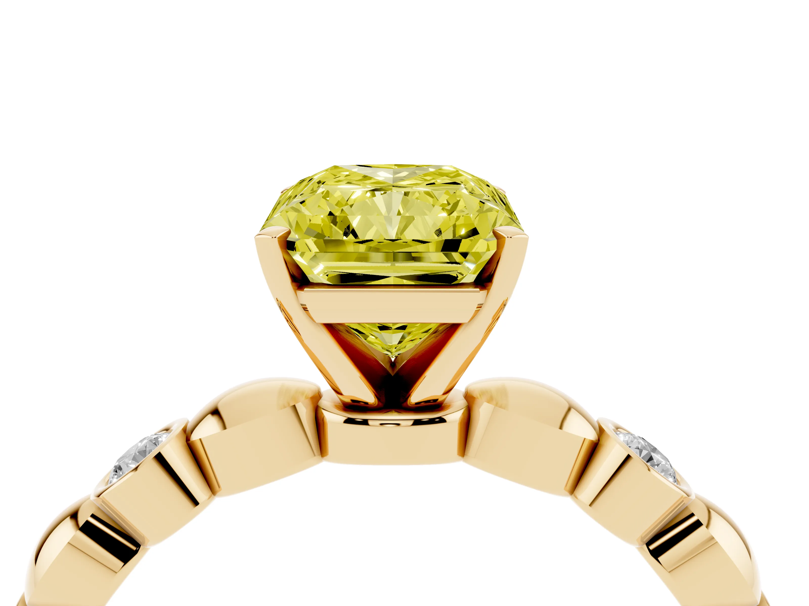 Fancy Yellow Radiant Cut Diamond Solitaire Ring Set in Yellow gold with Bezel-Set Accents on Beaded Band and Prong Setting