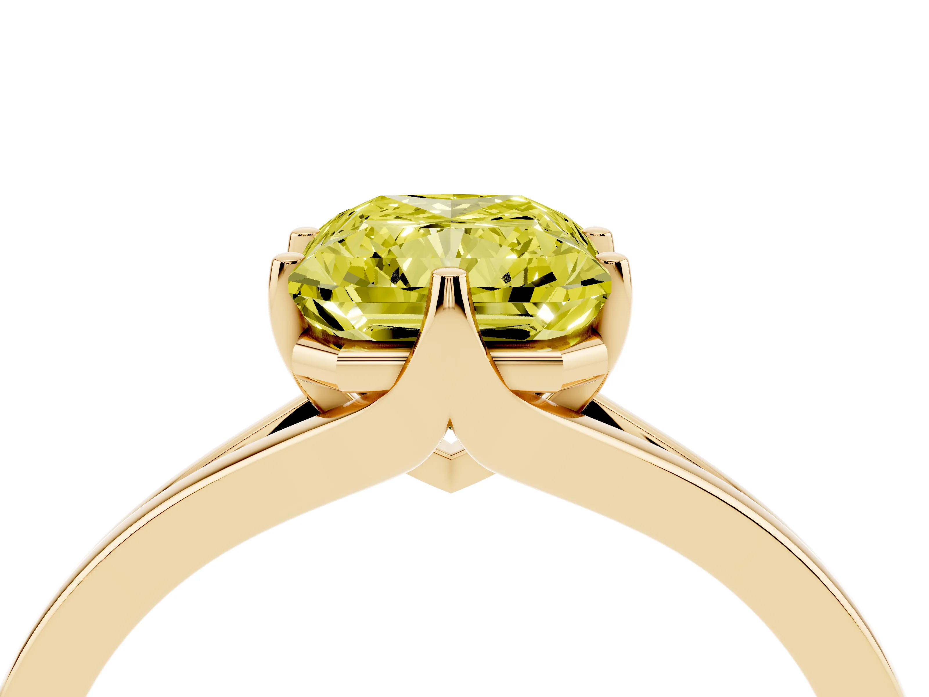 Fancy Yellow Radiant Cut Diamond Solitaire Ring Set in Yellow gold with Polished Tapered Band and Prong Setting