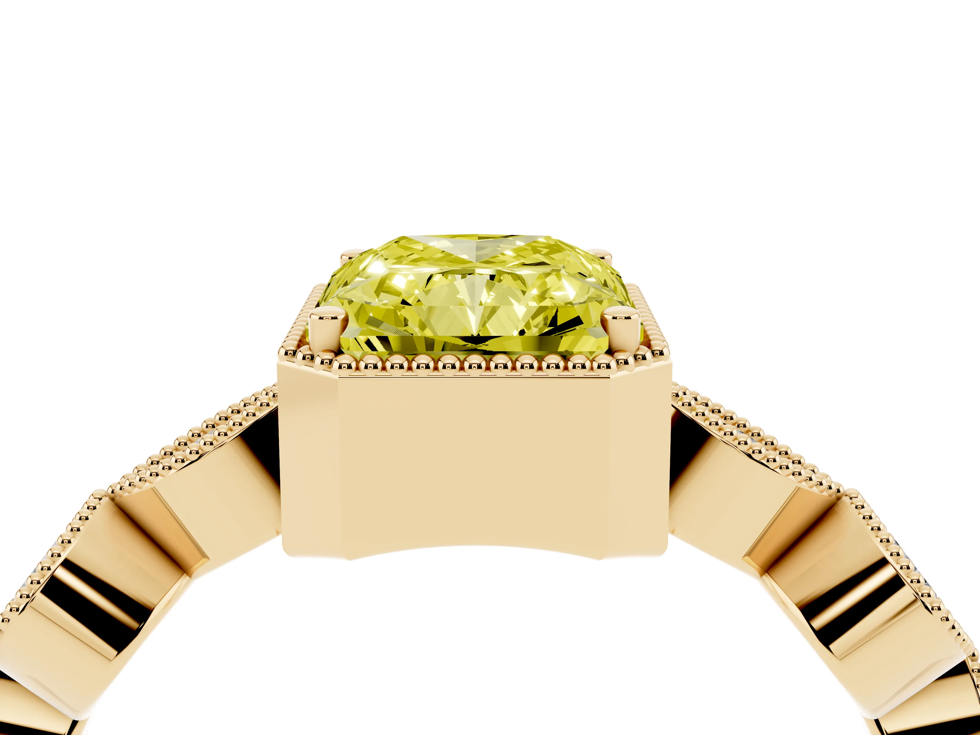 Fancy Yellow Radiant Cut Diamond Vintage-Inspired Milgrain Ring Set in Yellow gold with Marquise Stations of Round Accents