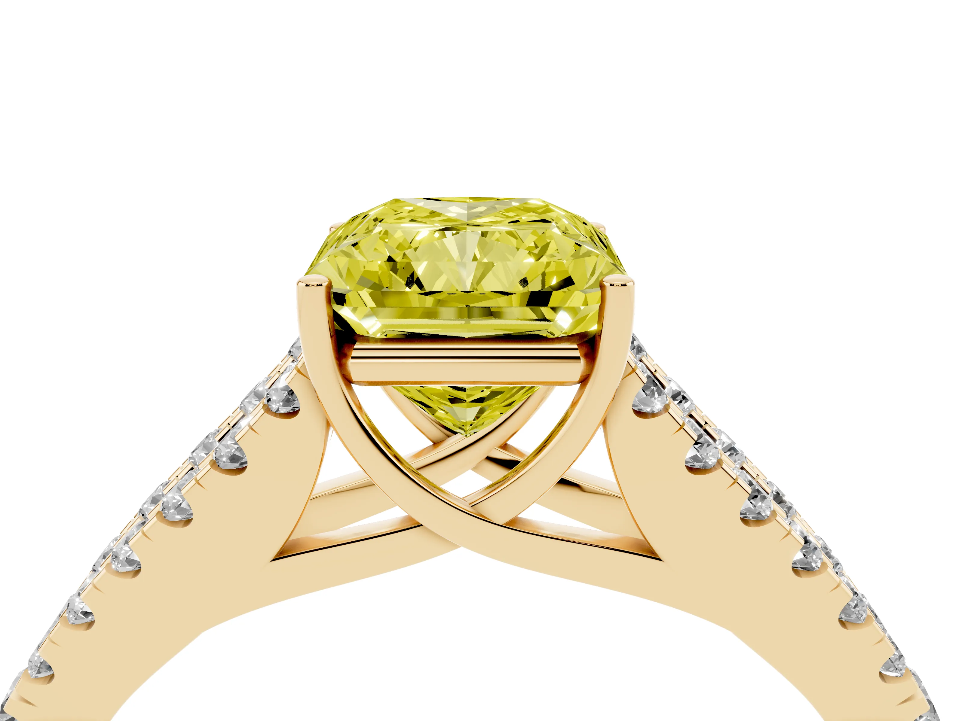 Fancy Yellow Radiant Cut Diamond Split Shank Pavé Engagement Ring Set in Yellow gold with Prong-Held Center Stone