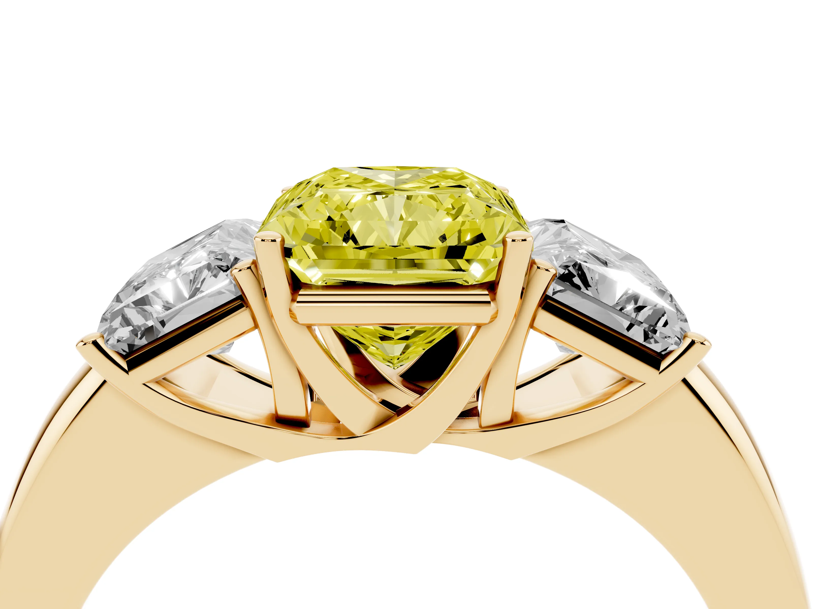 Fancy Yellow Radiant Cut Diamond Three-Stone Ring Set in Yellow gold with Bold Center and Classic Band