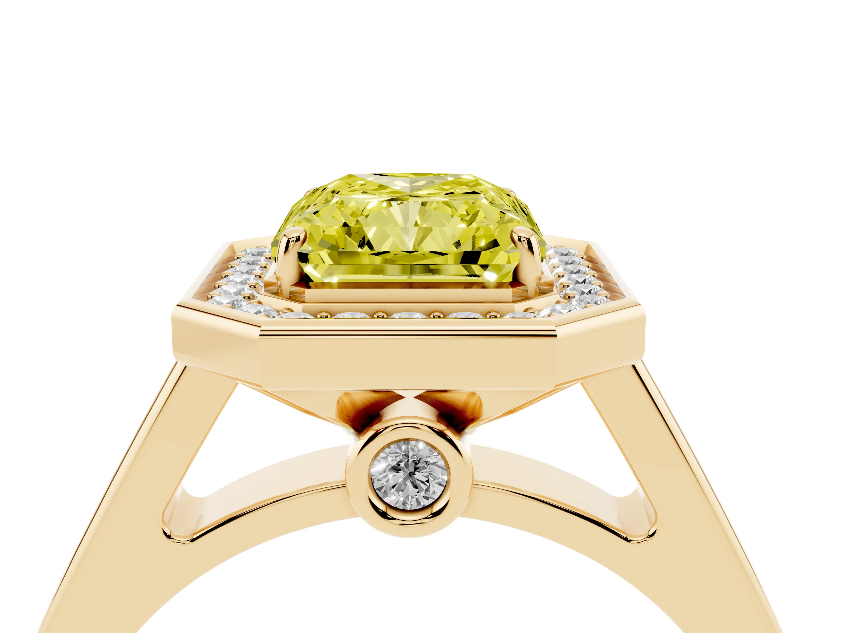 Fancy Yellow Radiant Cut Diamond Halo Solitaire Ring Set in Yellow gold with Pavé Band and Bezel Setting