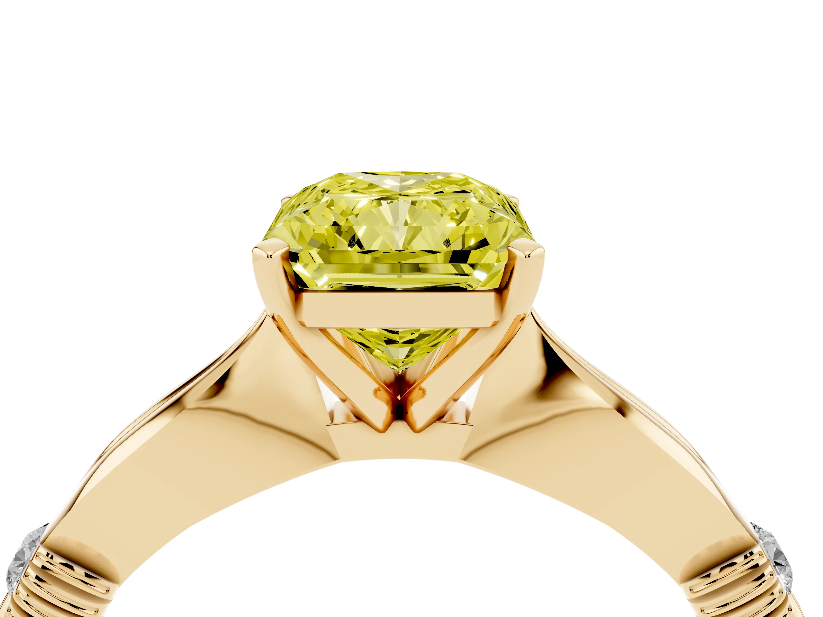 Fancy Yellow Radiant Cut Diamond Solitaire Twisted Band Ring Set in Yellow gold with Accent Stones and Prong Setting