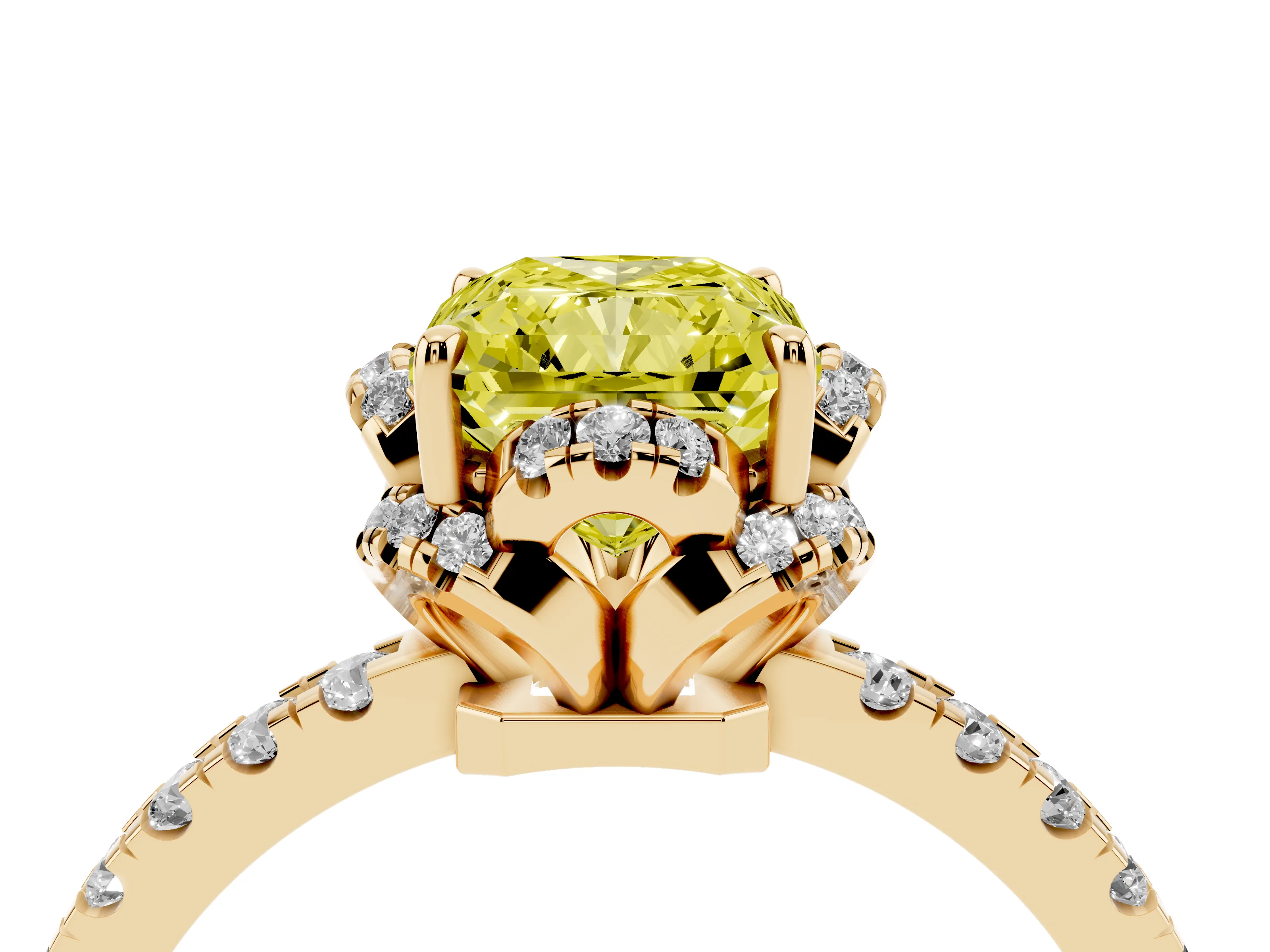 Fancy Yellow Radiant Cut Diamond Halo Pavé Band Ring Set in Yellow gold with Prong-Held Center