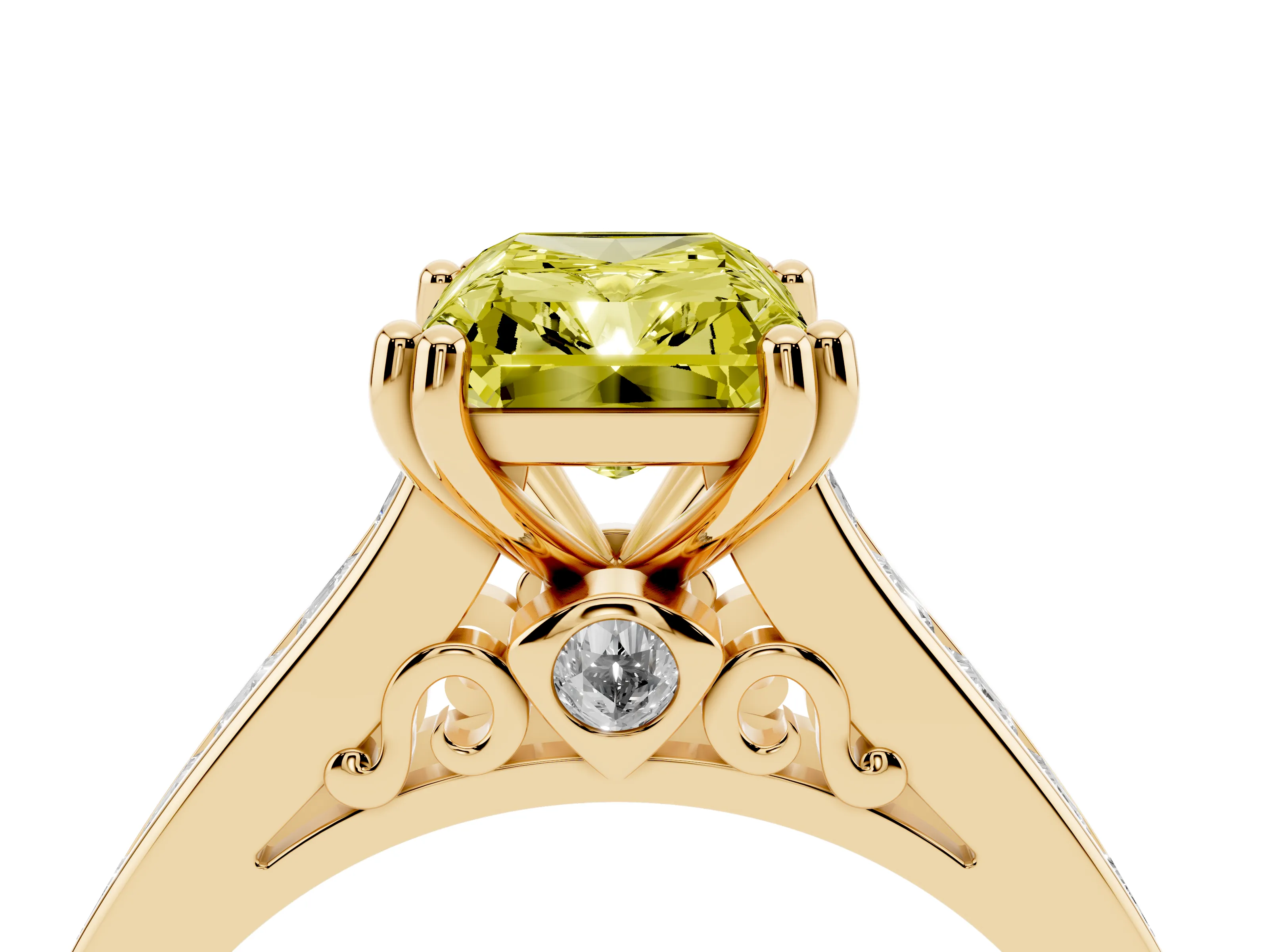 Fancy Yellow Radiant Cut Diamond Channel Set Solitaire Engagement Ring Set in Yellow gold with Prong Setting