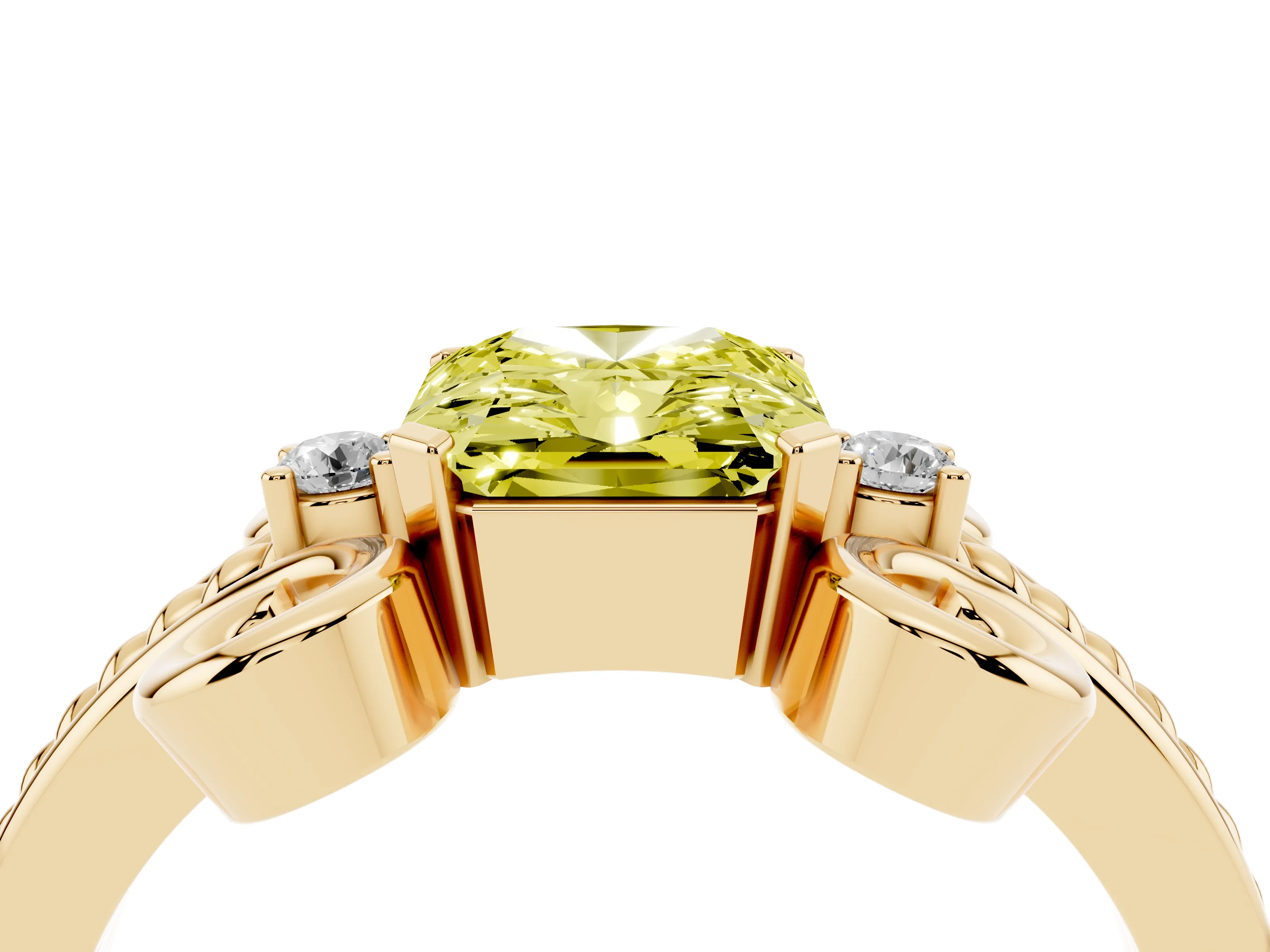 Fancy Yellow Radiant Cut Diamond Twisted Band Solitaire Ring Set in Yellow gold with Scroll Prongs