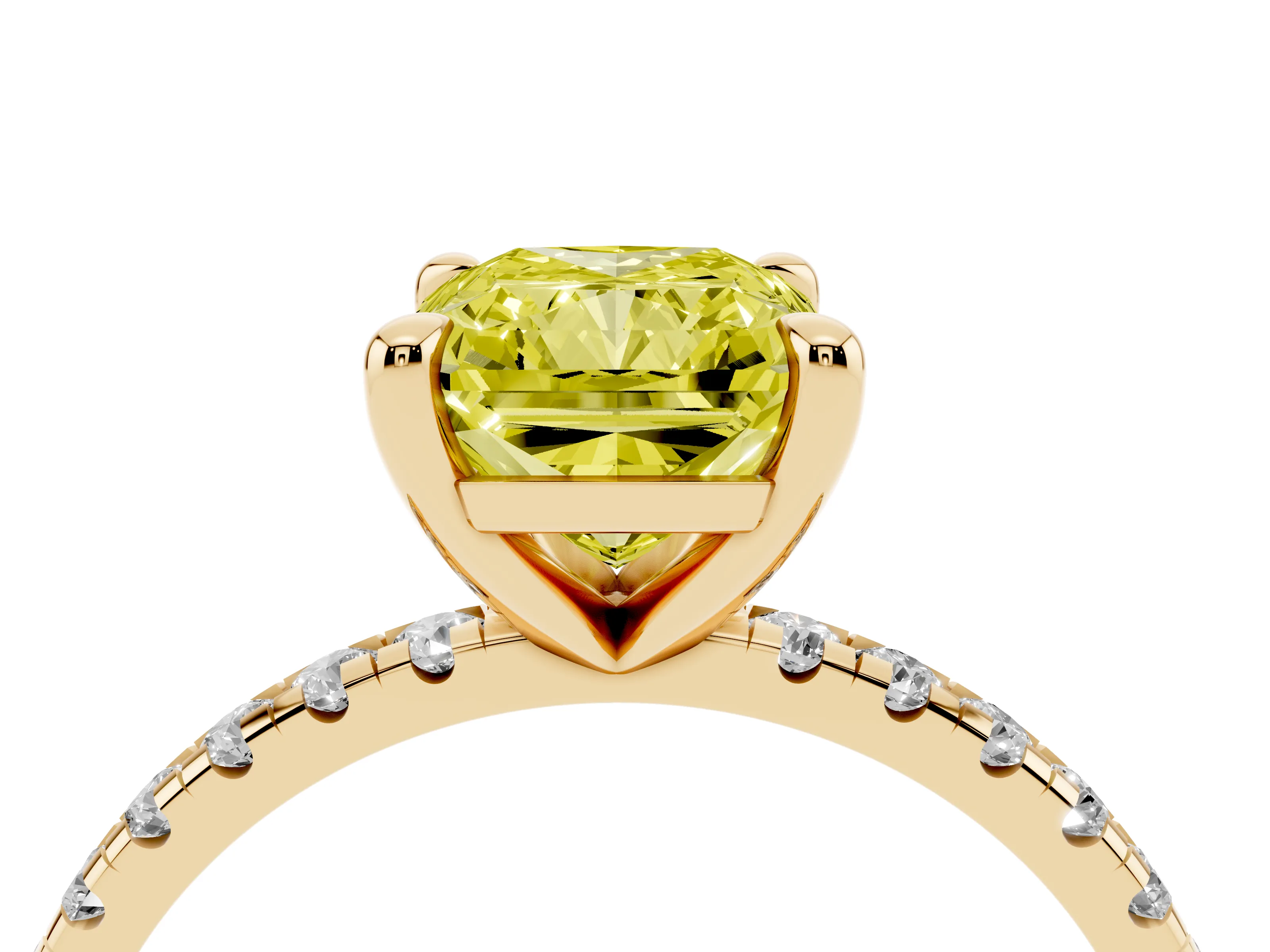 Fancy Yellow Radiant Cut Diamond Brilliant Solitaire Ring Set in Yellow gold with Pavé Band and Prong Setting