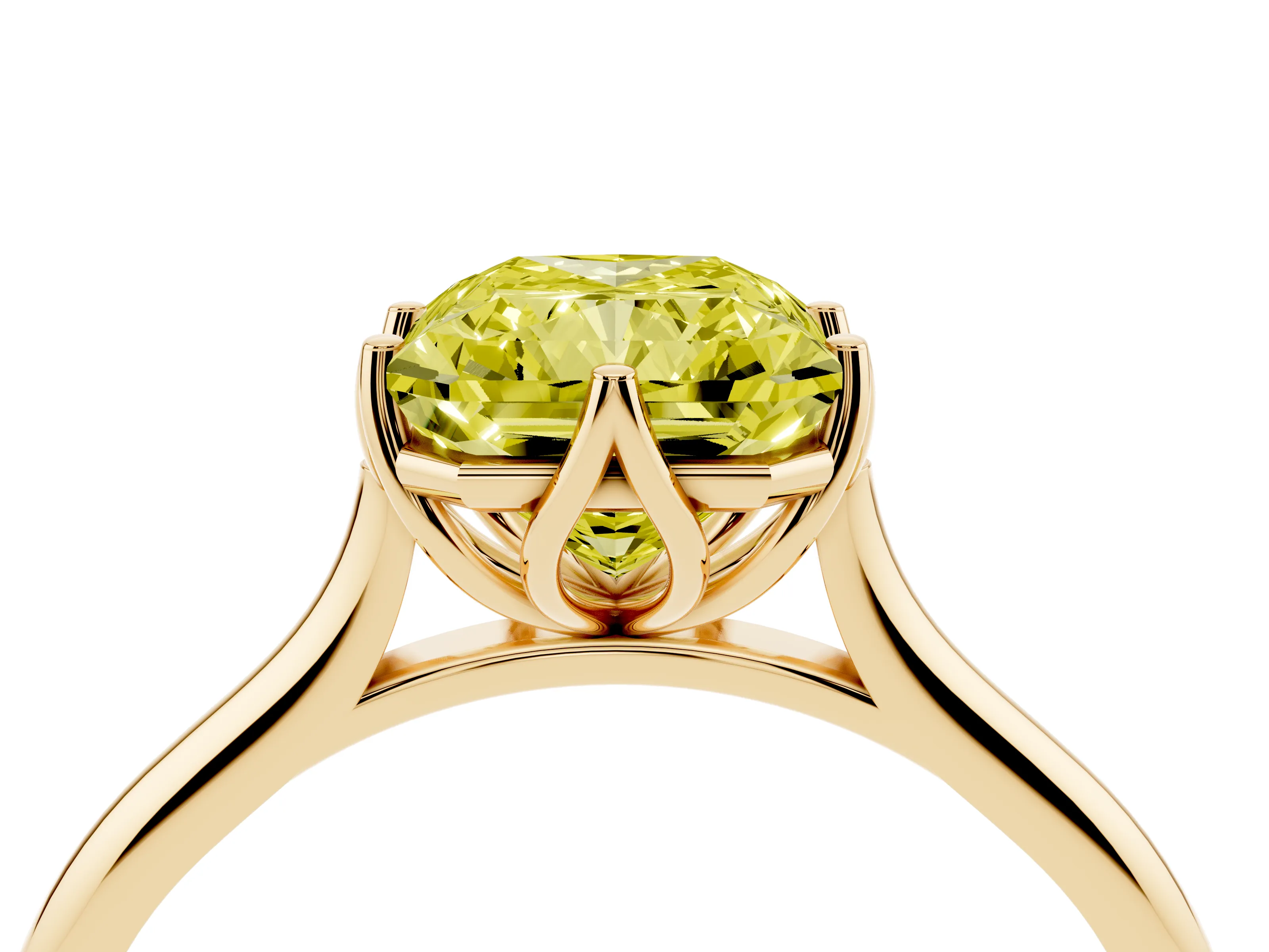 Fancy Yellow Radiant Cut Diamond Solitaire Cathedral Ring Set in Yellow gold with Prong Setting