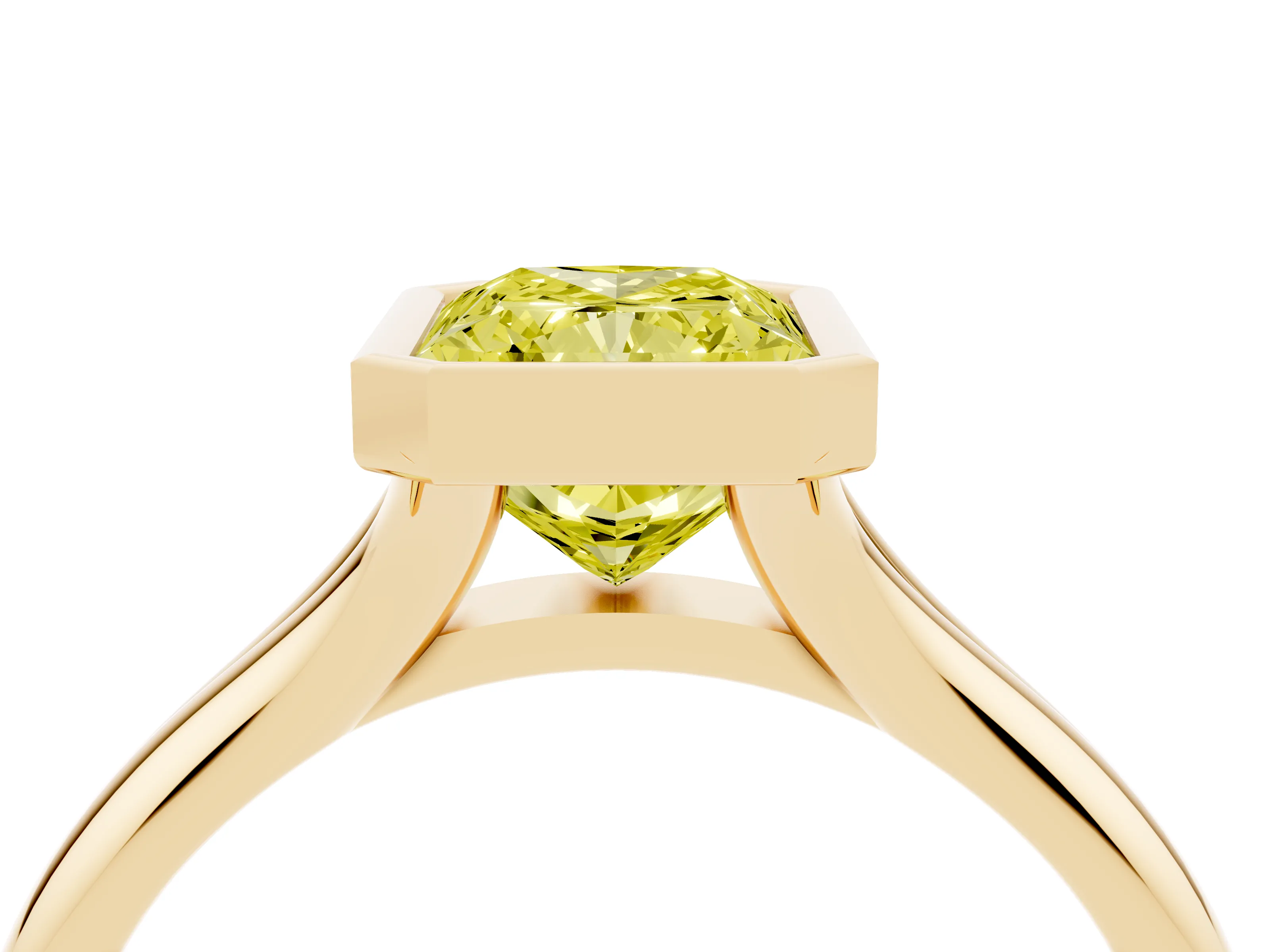 Fancy Yellow Bezel Set Radiant Cut Diamond Solitaire Ring Set in Yellow gold with Smooth Band