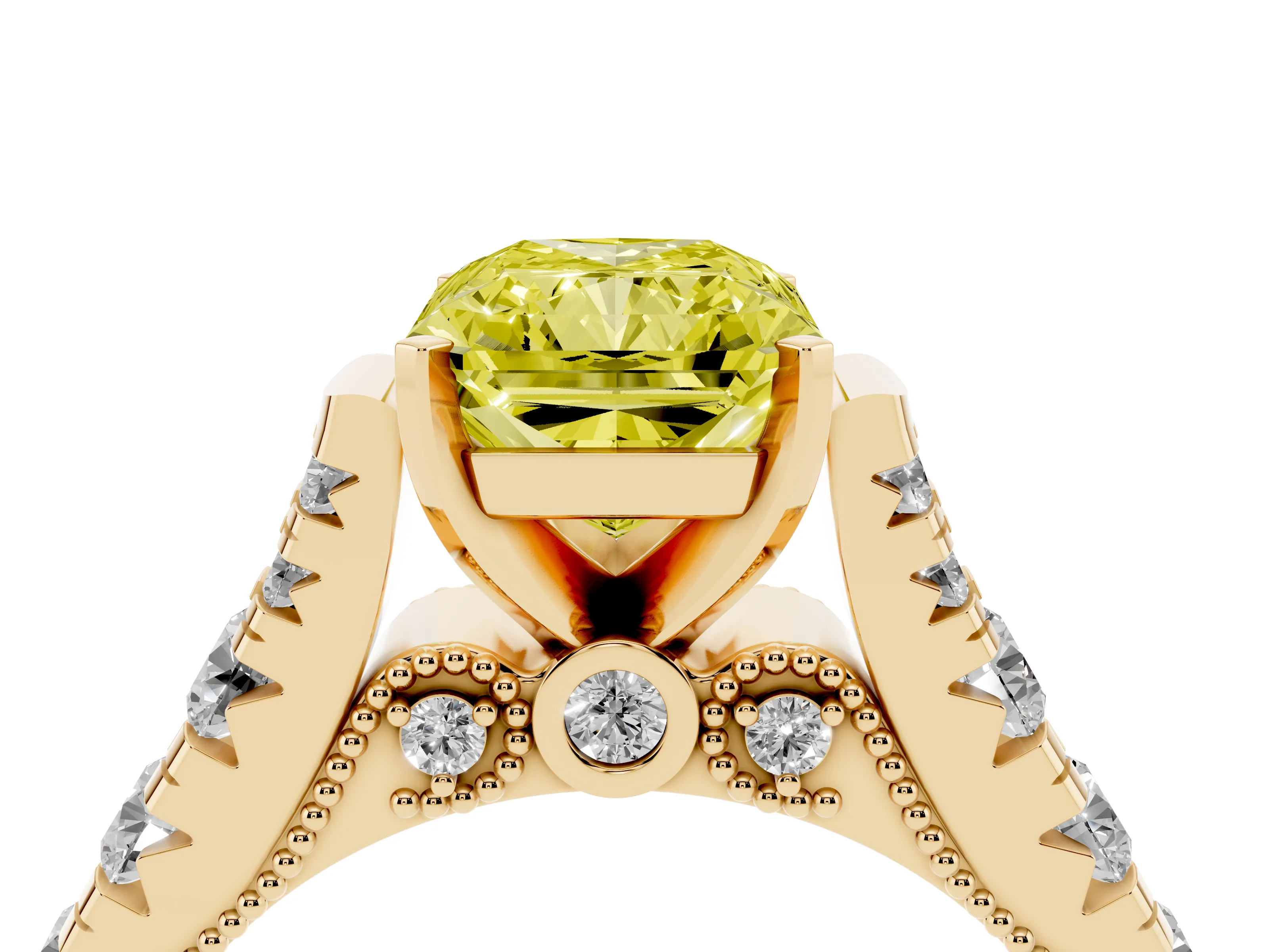 Fancy Yellow Radiant Cut Diamond Classic Solitaire Ring Set in Yellow gold with Pavé Band and Prong Setting