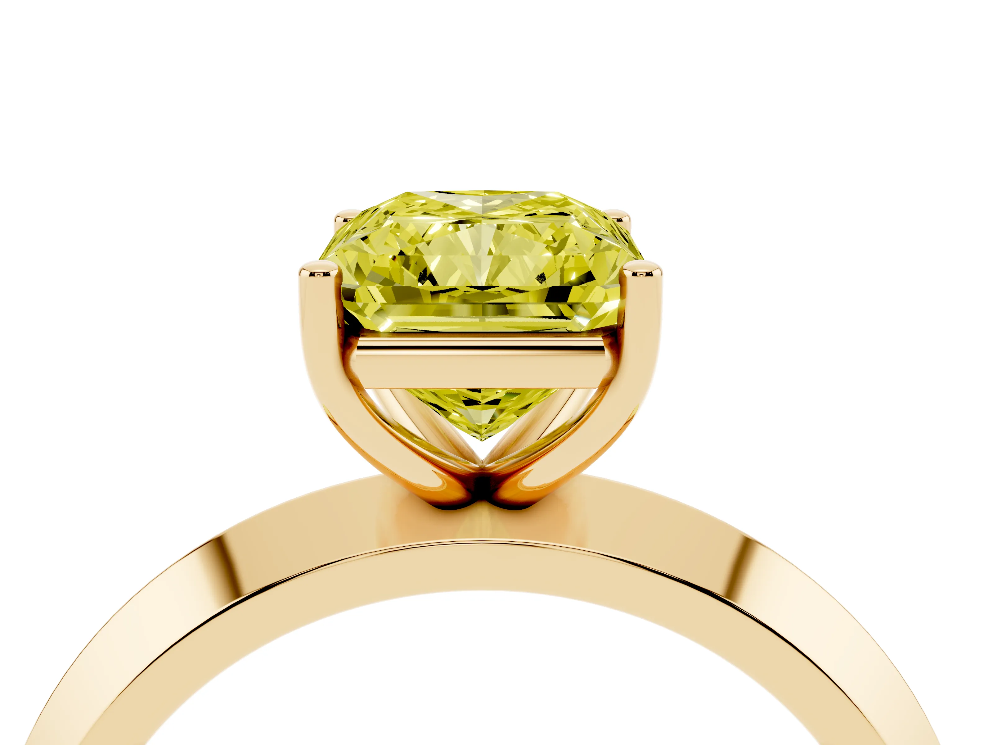 Fancy Yellow Radiant Cut Diamond Solitaire Engagement Ring Set in Yellow gold with Flat Band and Prong Setting