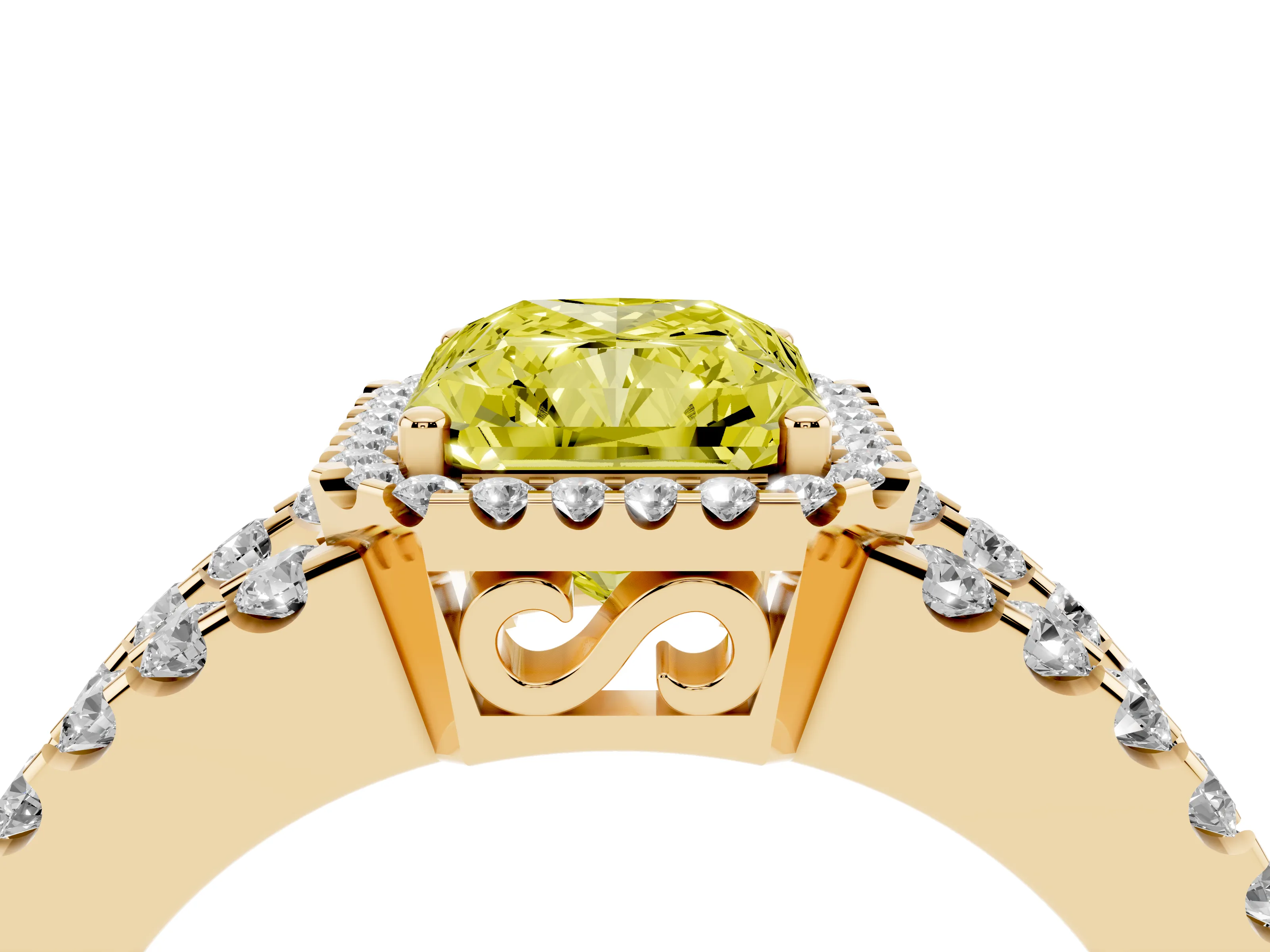 Fancy Yellow Radiant Cut Diamond Halo Ring Set in Yellow gold with Pavé Split Shank and Prong Setting