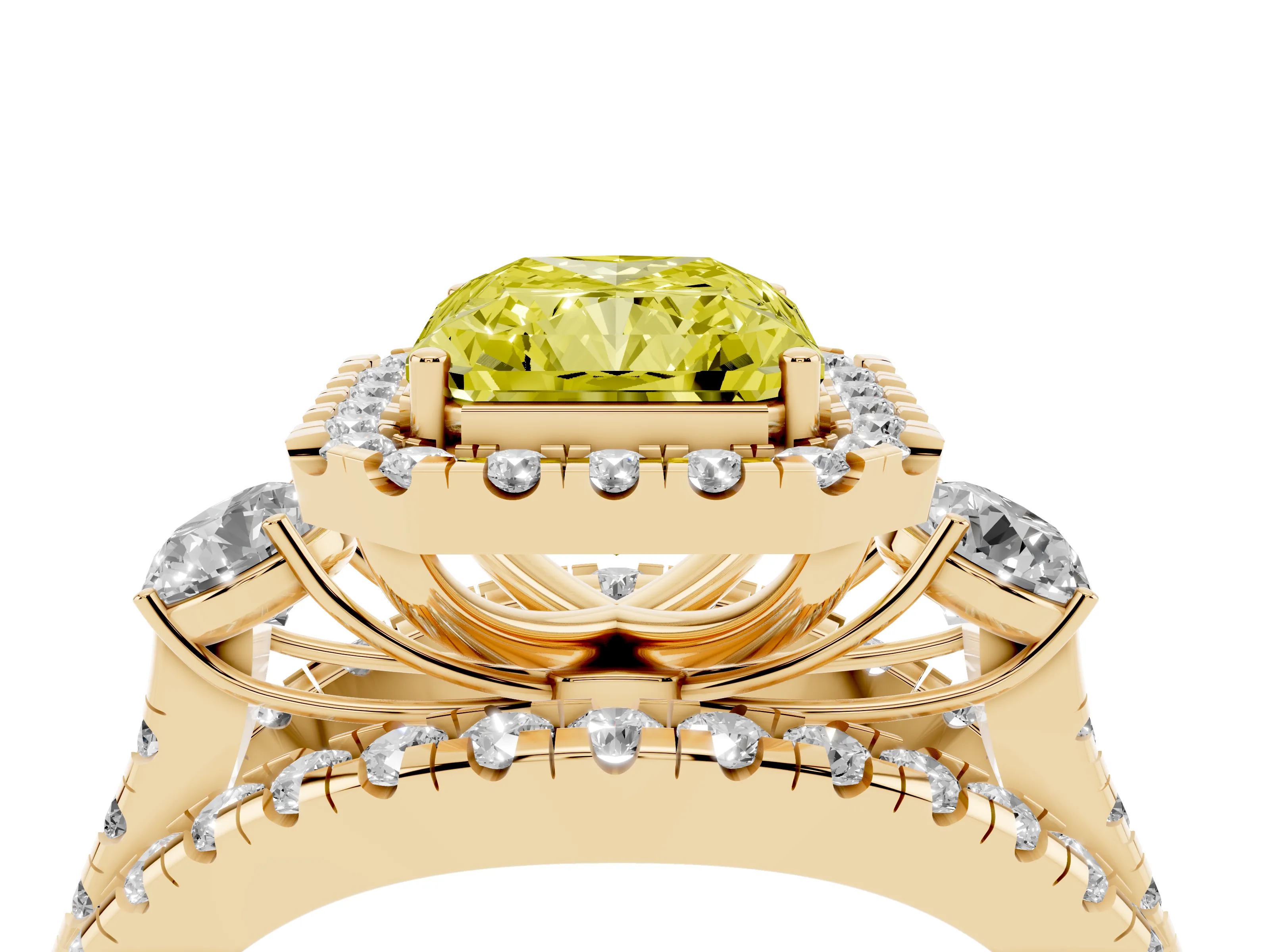 Fancy Yellow Radiant Cut Diamond Halo Split Shank Ring Set in Yellow gold with Round Accent Stones and Prong Setting