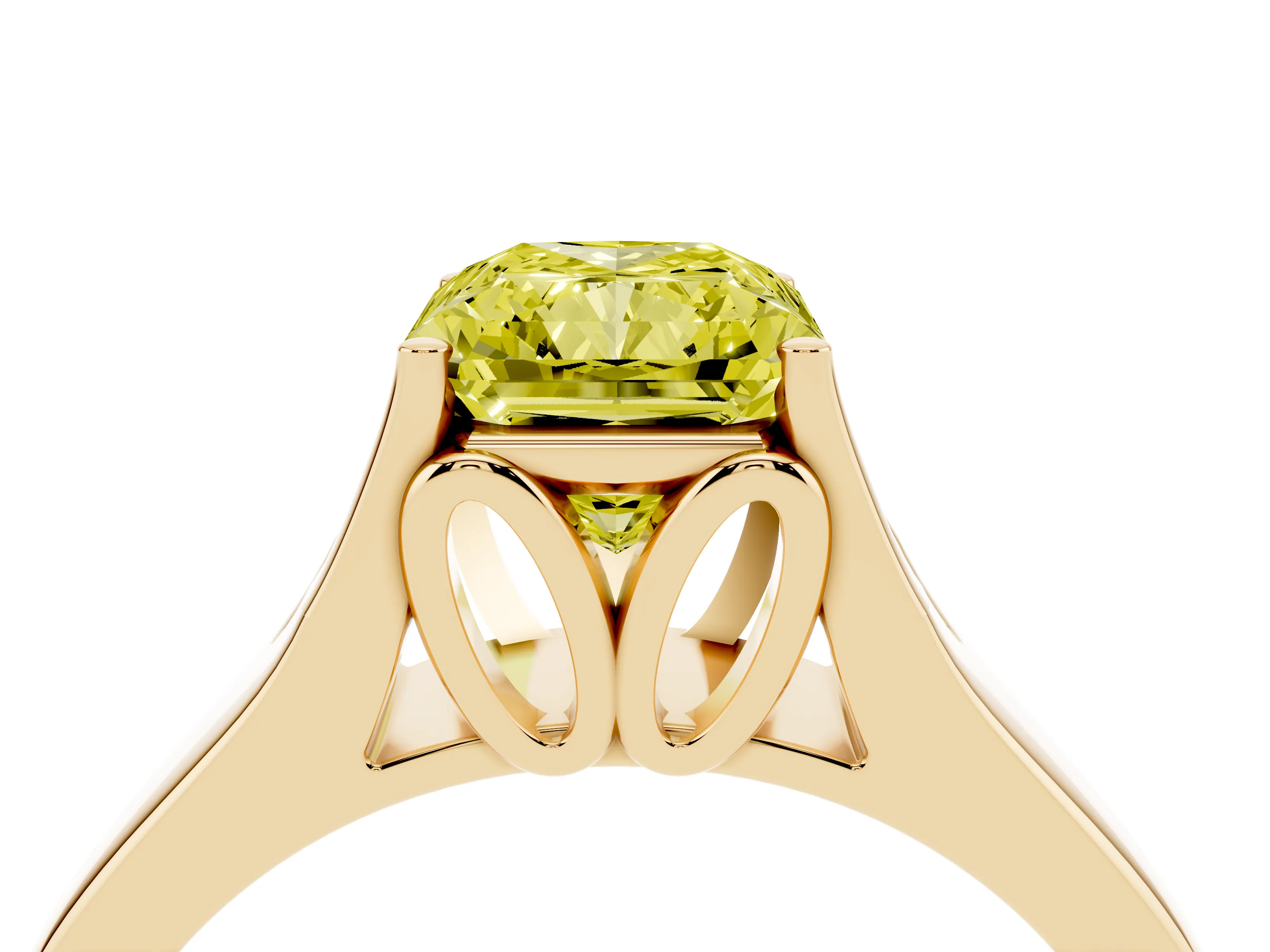 Fancy Yellow Radiant Cut Diamond Solitaire Ring Set in Yellow gold with Arched Cathedral Band and Prong Setting
