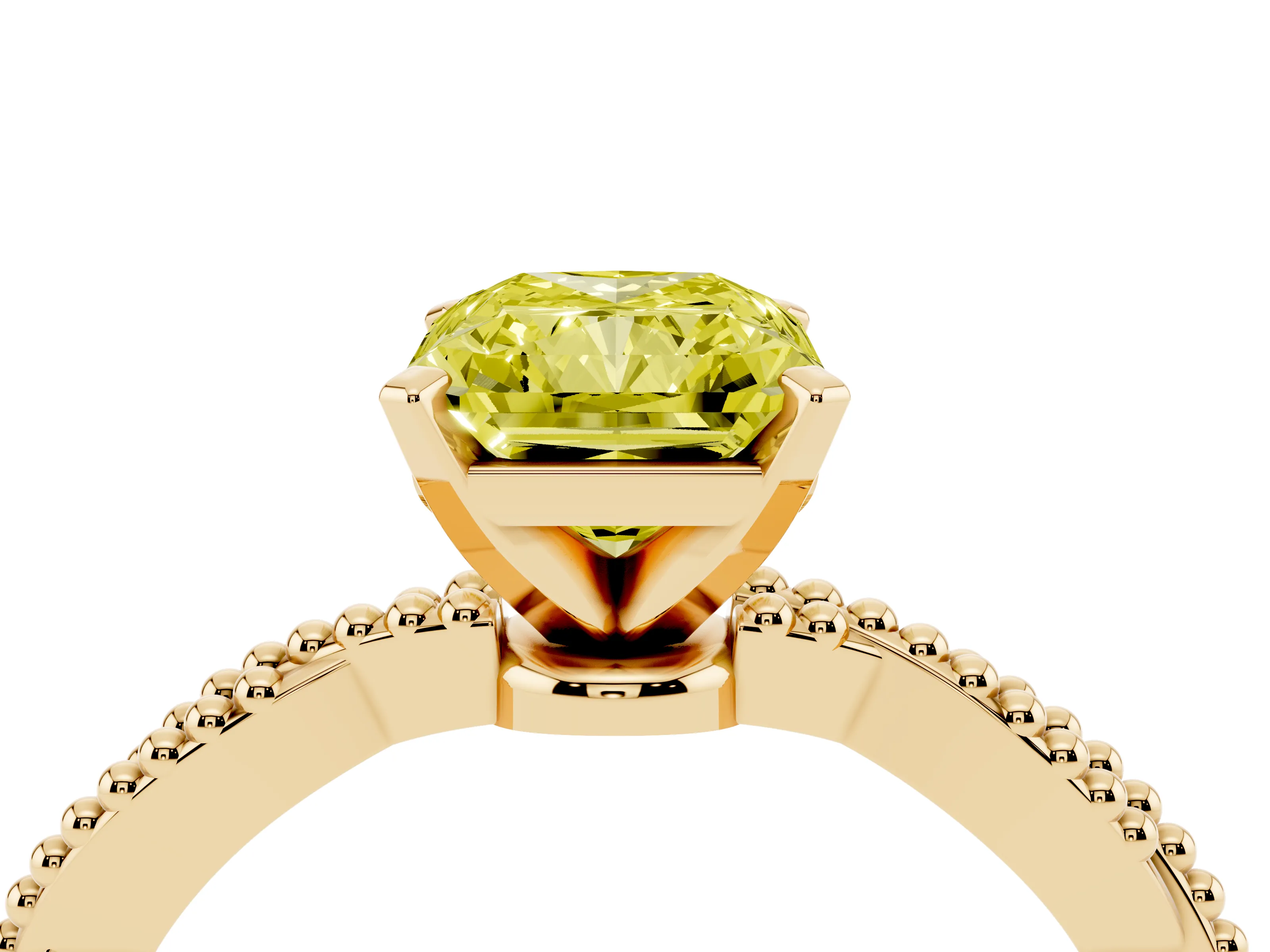 Fancy Yellow Radiant Cut Diamond Solitaire Ring Set in Yellow gold with Twisted Band and Bead Prong Setting