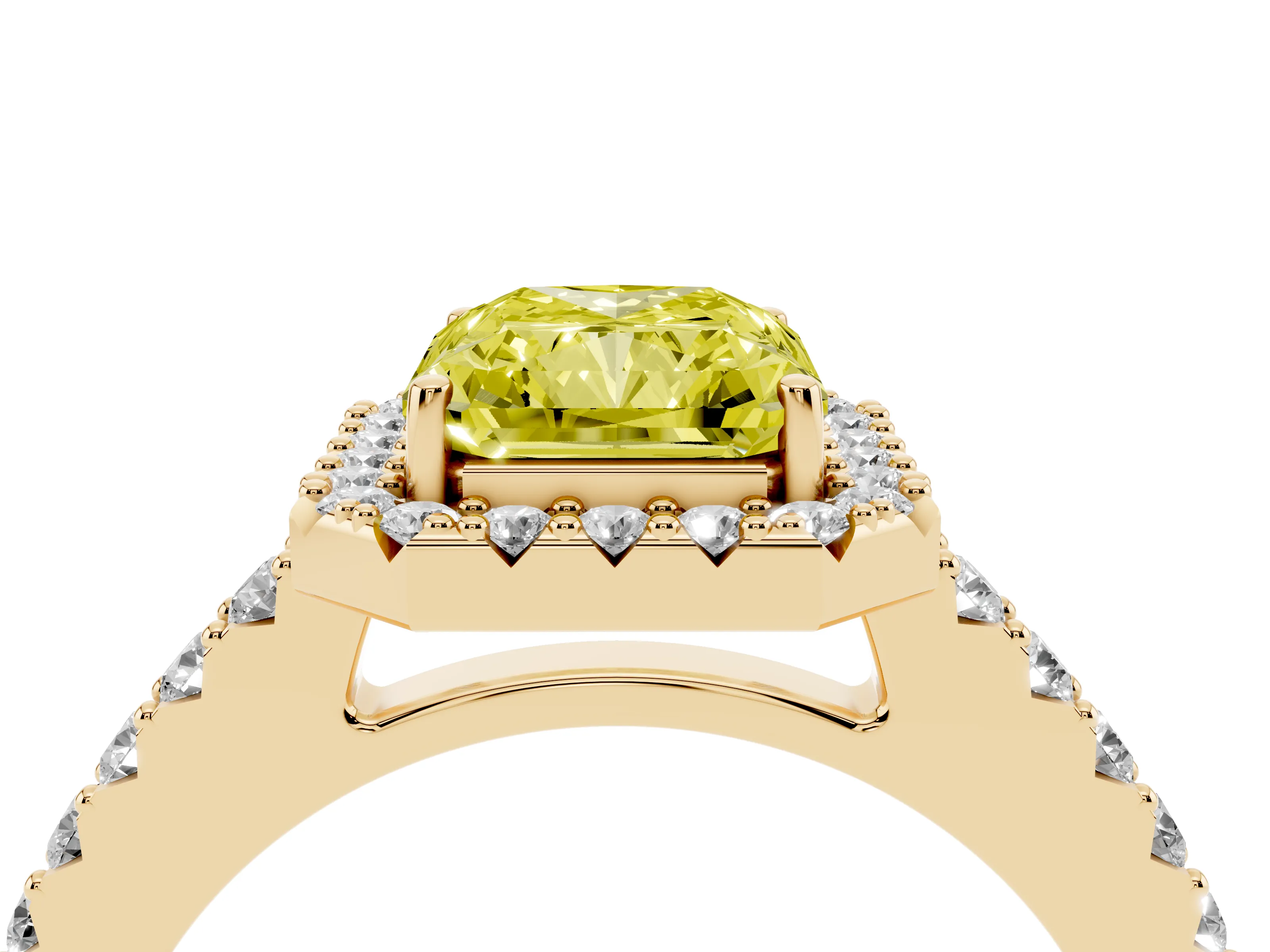 Fancy Yellow Radiant Cut Diamond Halo Pavé Solitaire Ring Set in Yellow gold with Prong-Set Center Stone