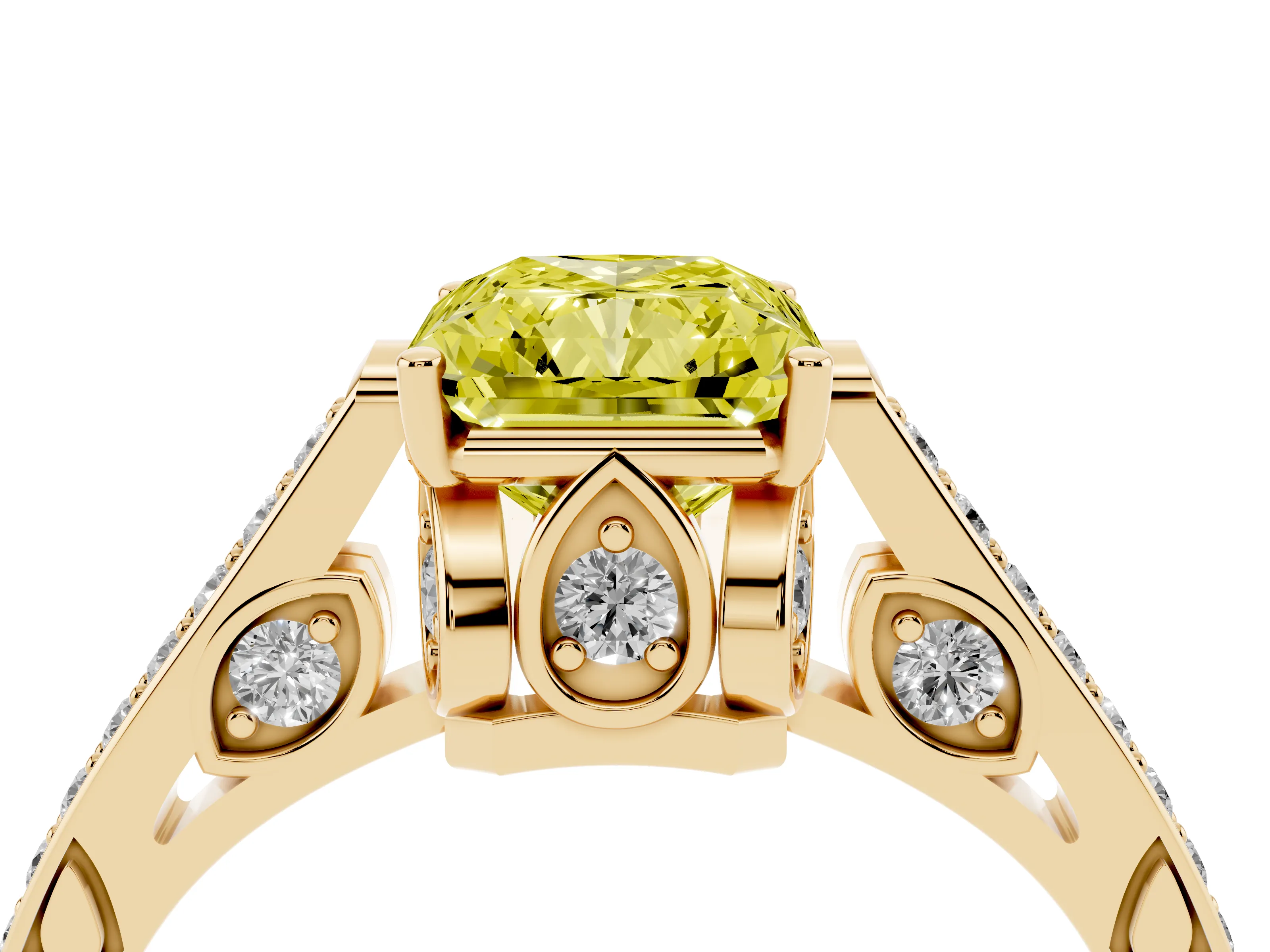 Fancy Yellow Radiant Cut Diamond Cathedral Pavé Engagement Ring Set in Yellow gold with Prong Setting