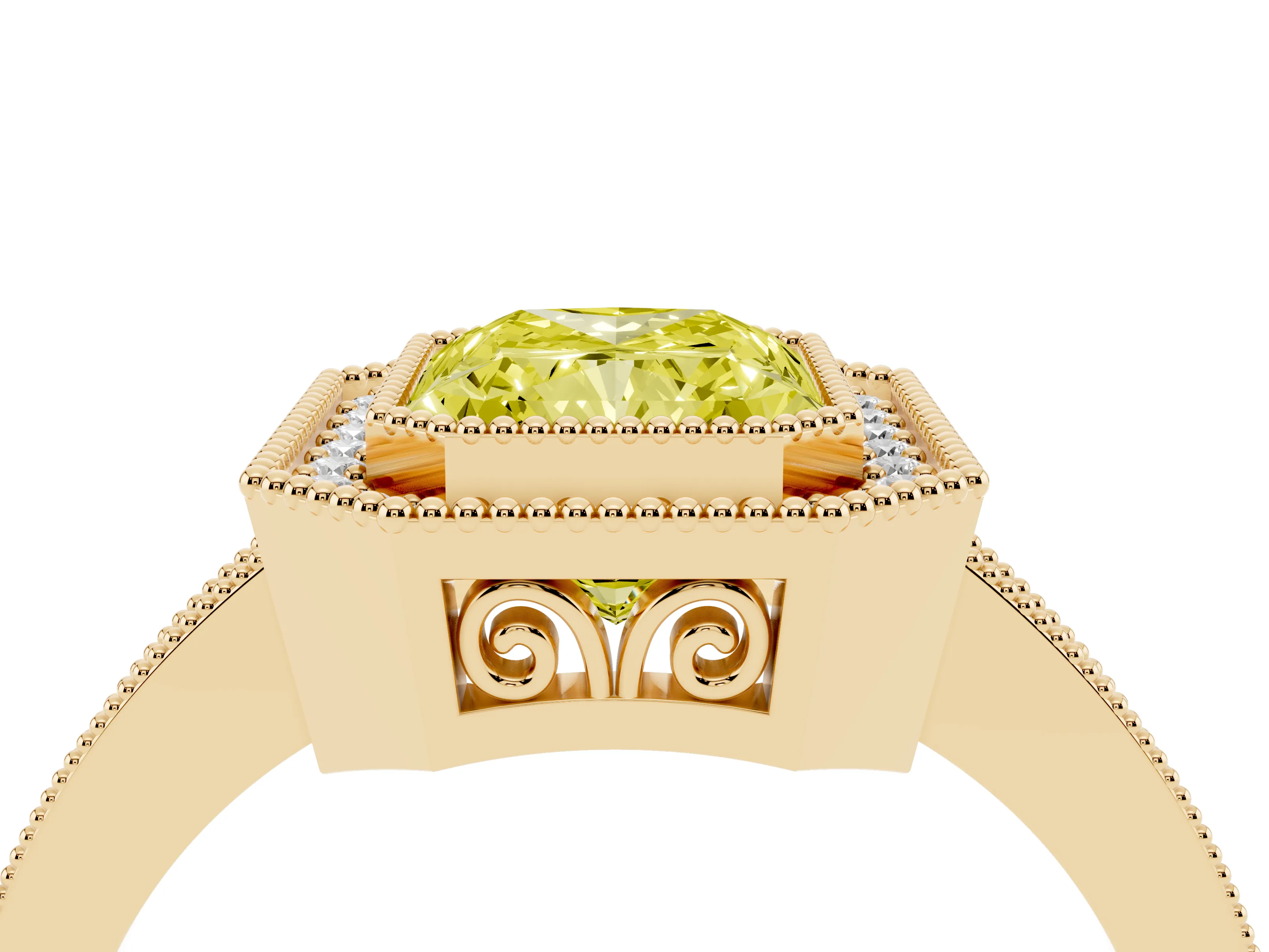 Fancy Yellow Radiant Cut Diamond Halo Ring Set in Yellow gold with Pavé Band and Milgrain-Edged Prongs