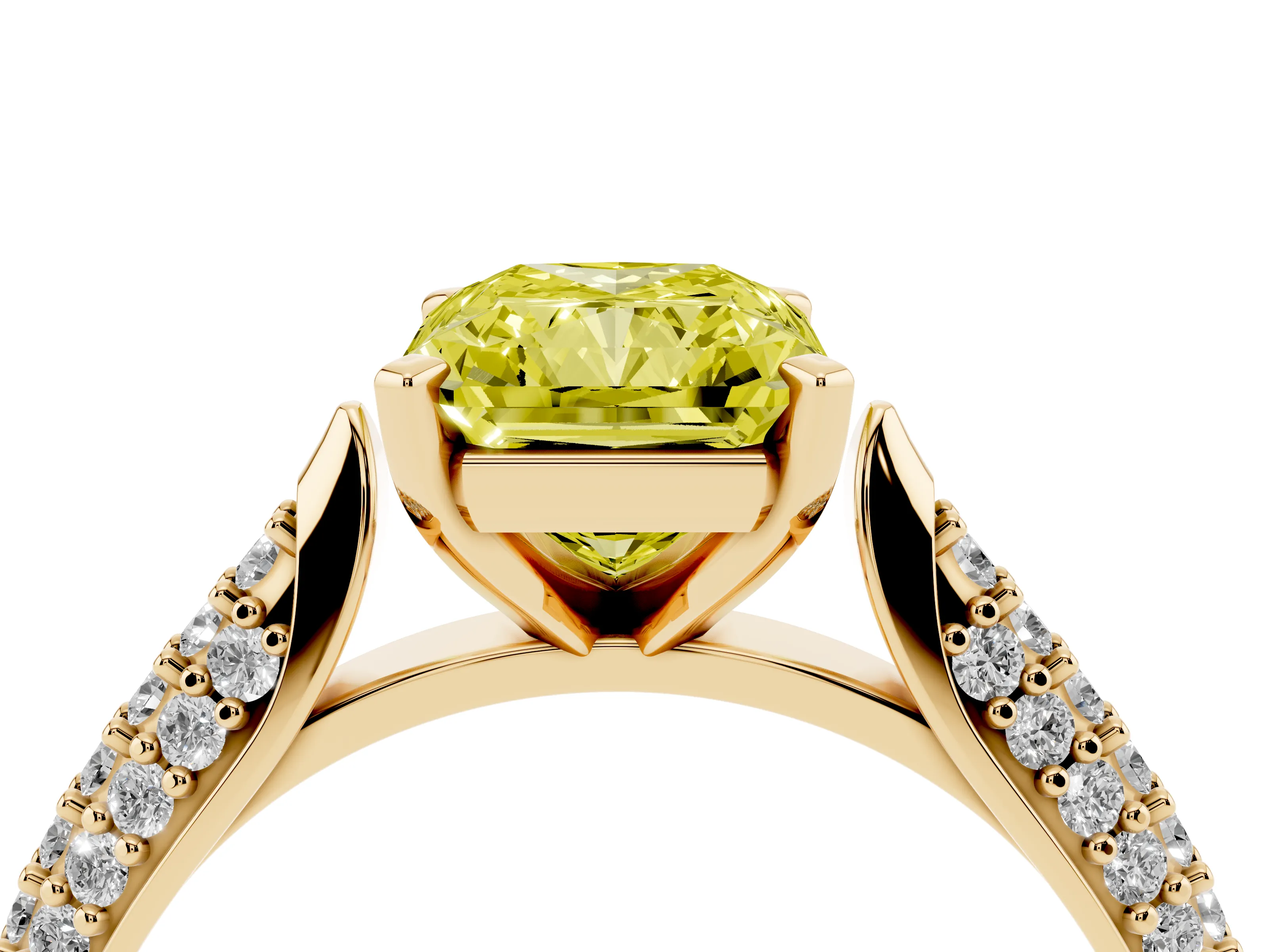 Fancy Yellow Radiant Cut Diamond Solitaire Engagement Ring Set in Yellow gold with Multi-Row Round Pavé Band and Prong Setting