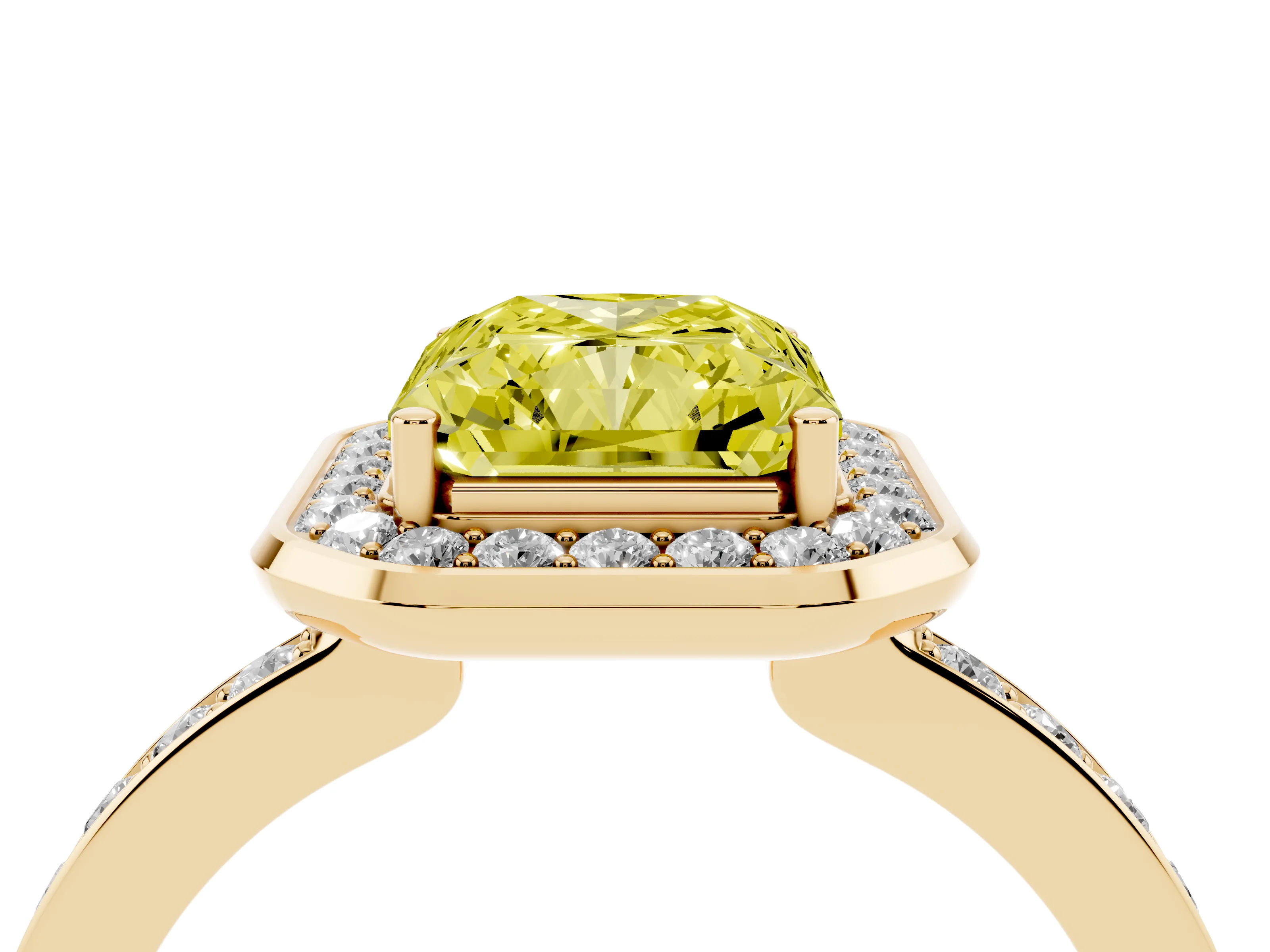 Fancy Yellow Radiant Cut Diamond Halo Ring Set in Yellow gold with Bezel Frame and Pavé Band