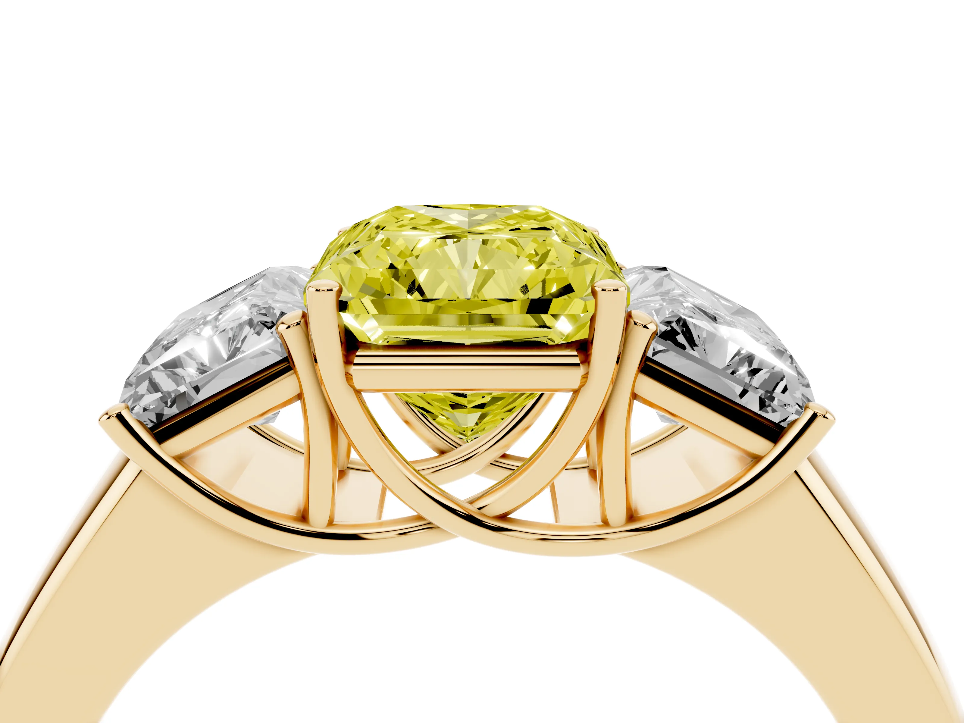 Fancy Yellow Three-Stone Radiant Cut Diamond Ring Set in Yellow gold with Matching Prong Settings and Plain Band