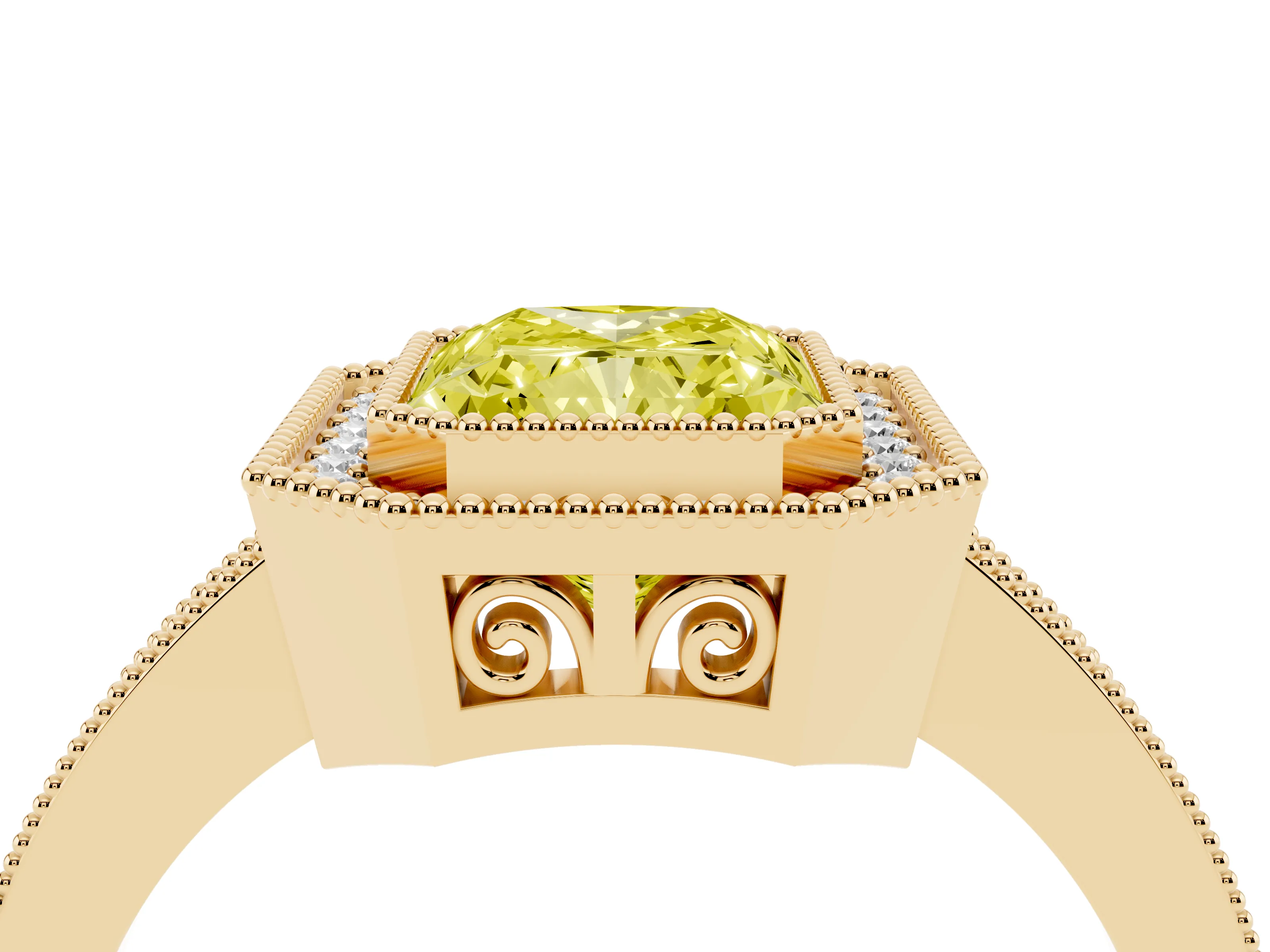 Fancy Yellow Radiant Cut Diamond Round Halo Ring Set in Yellow gold with Pavé Band
