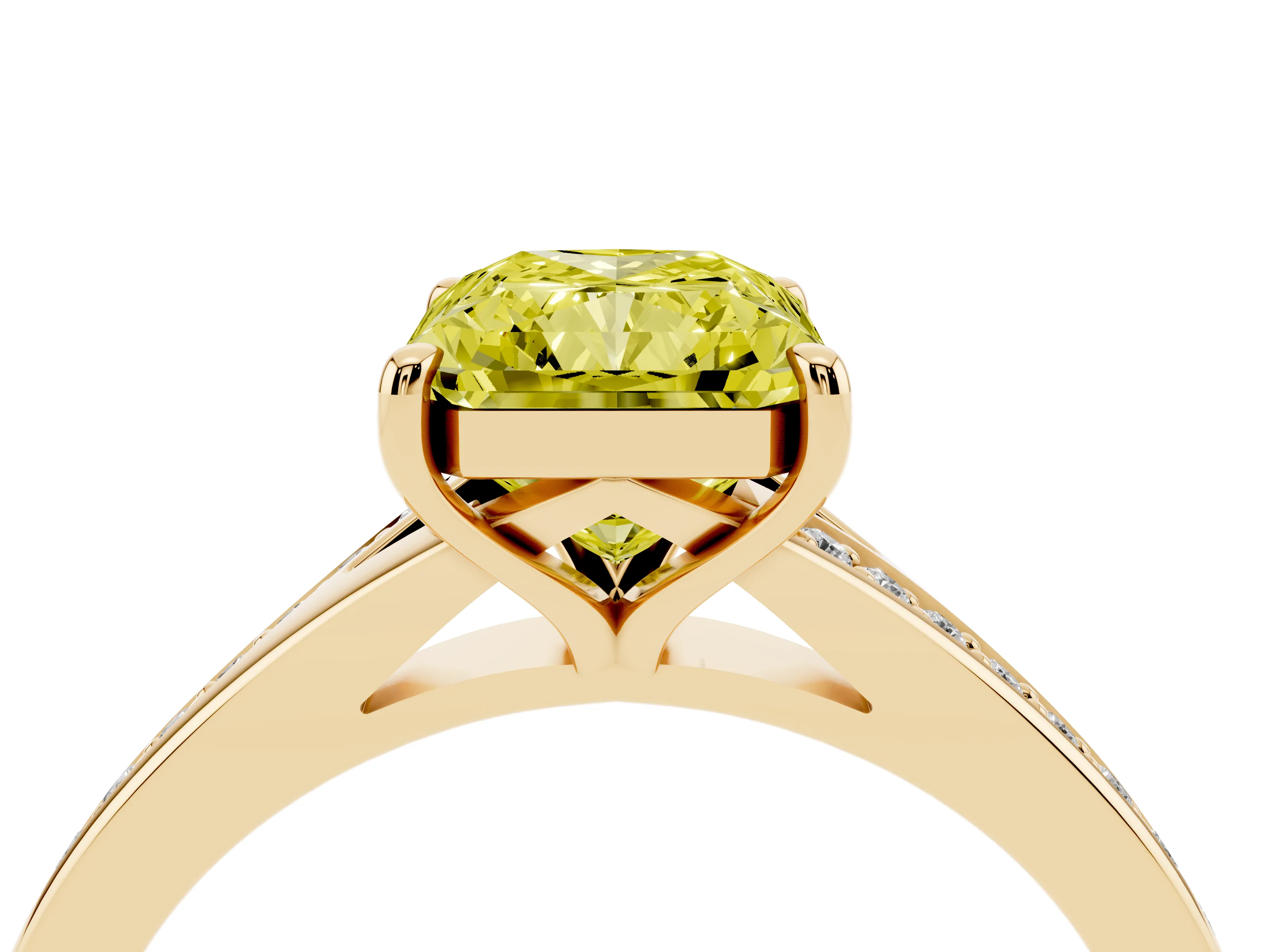 Fancy Yellow Radiant Cut Diamond Solitaire Ring Set in Yellow gold with Pavé Accent Band and Classic Prong Setting