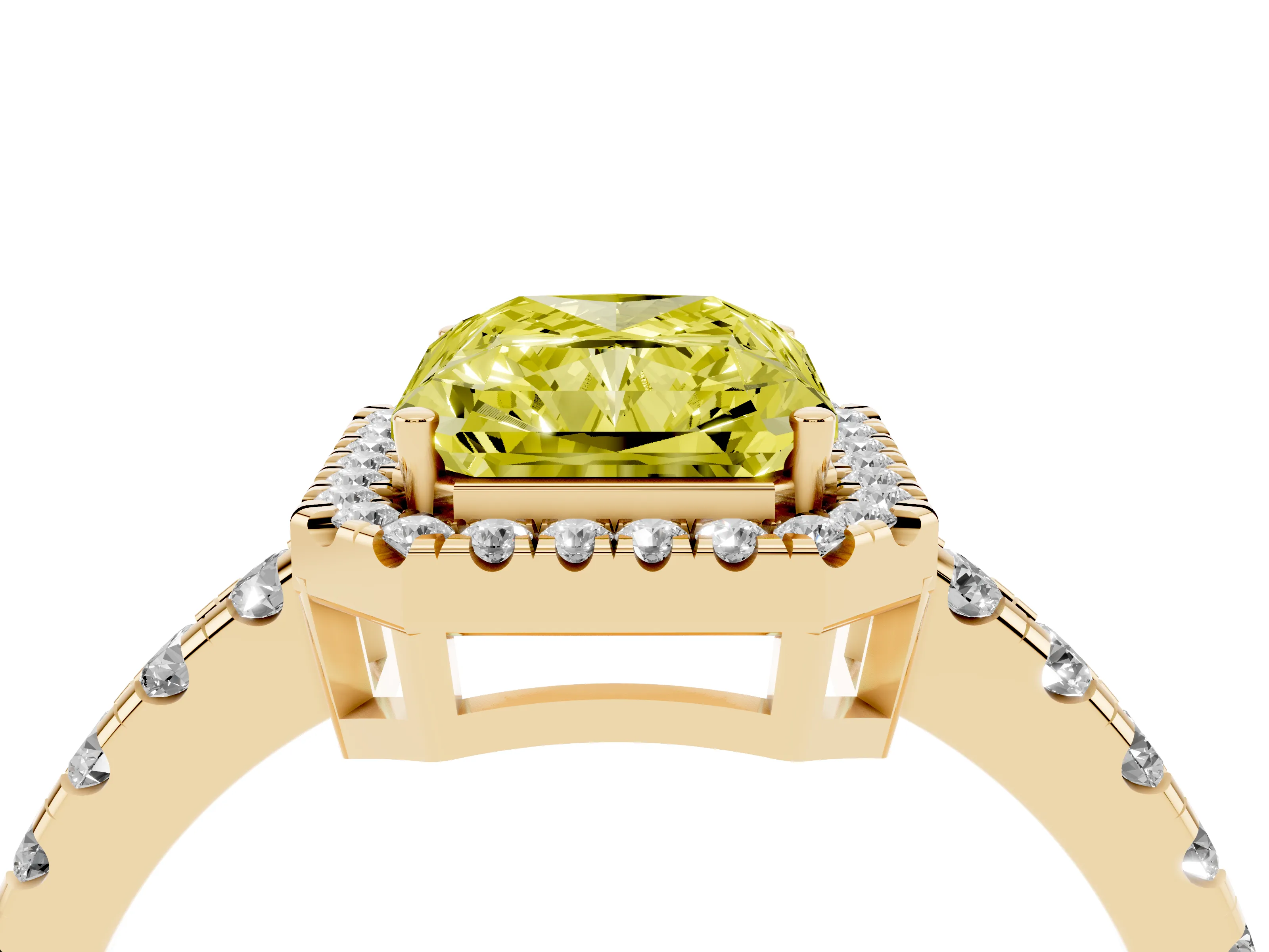 Fancy Yellow Radiant Cut Diamond Halo Ring Set in Yellow gold with Delicate Pavé Band and Prong Setting