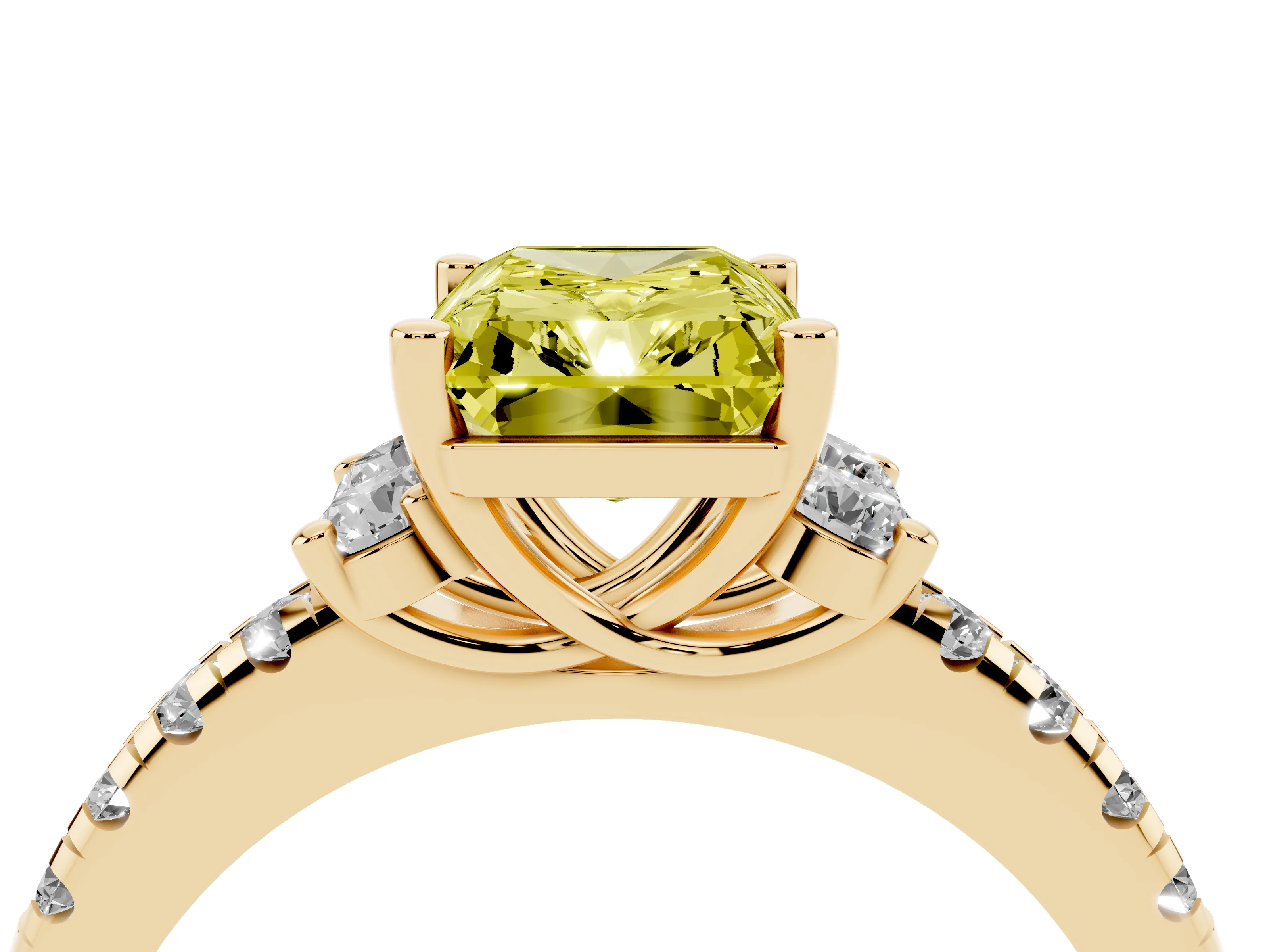 Fancy Yellow Radiant Cut Diamond Three-Stone Pavé Ring Set in Yellow gold with Prong Setting