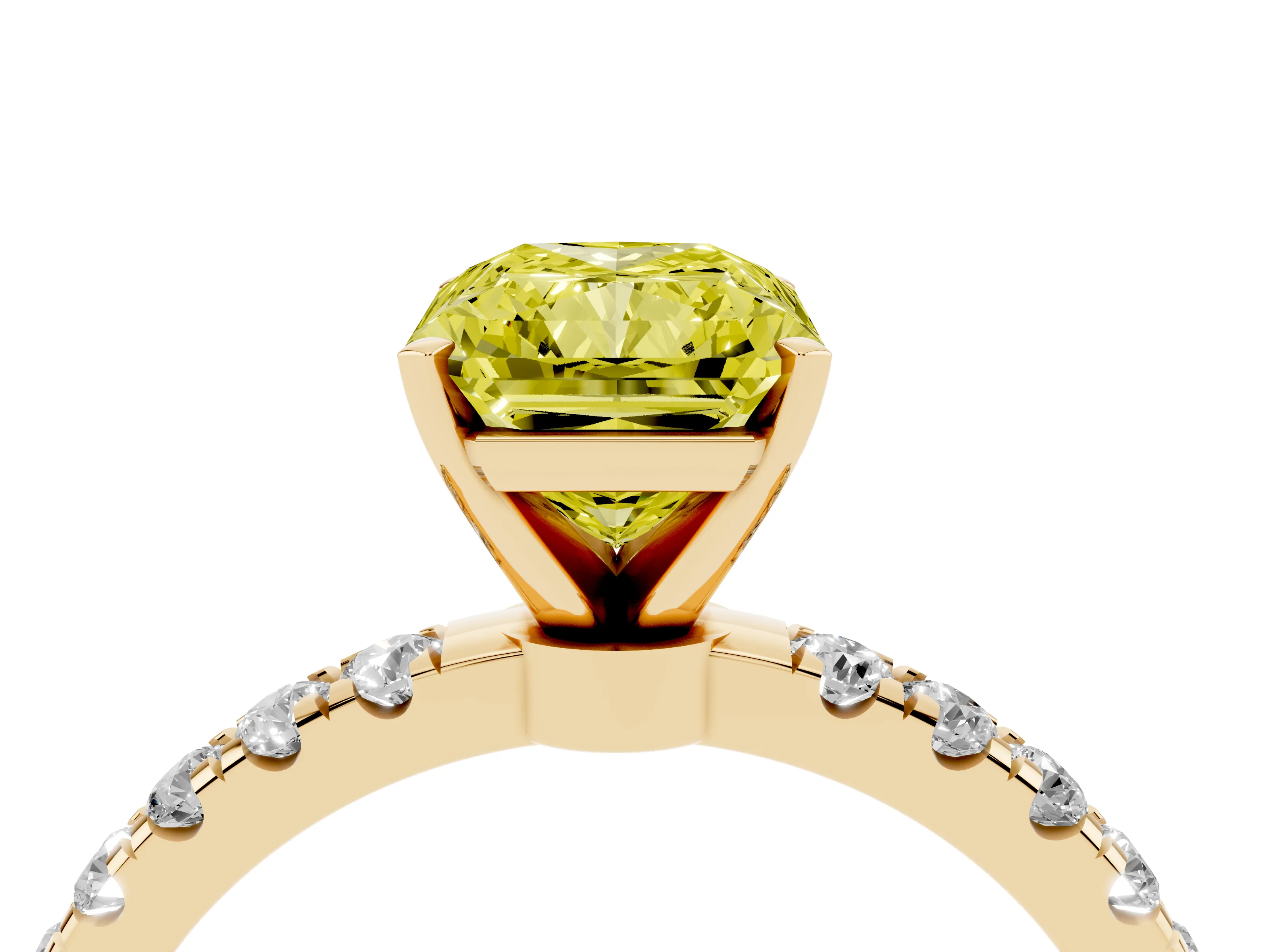 Fancy Yellow Radiant Cut Diamond Solitaire Ring Set in Yellow gold with Pavé Accents and Prong Setting