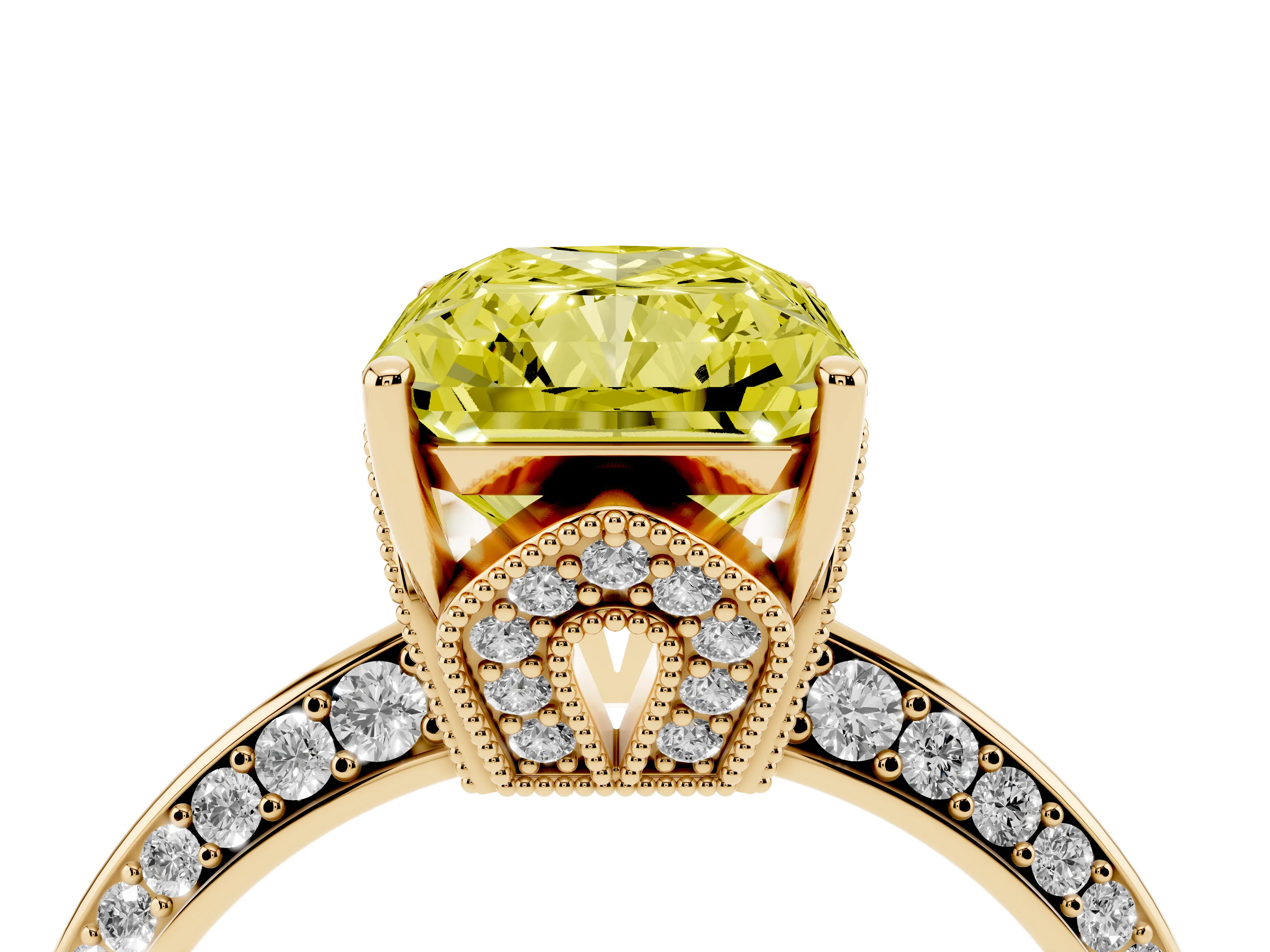 Fancy Yellow Radiant Cut Diamond Solitaire Engagement Ring Set in Yellow gold with Pavé Split Shank and Prong Setting