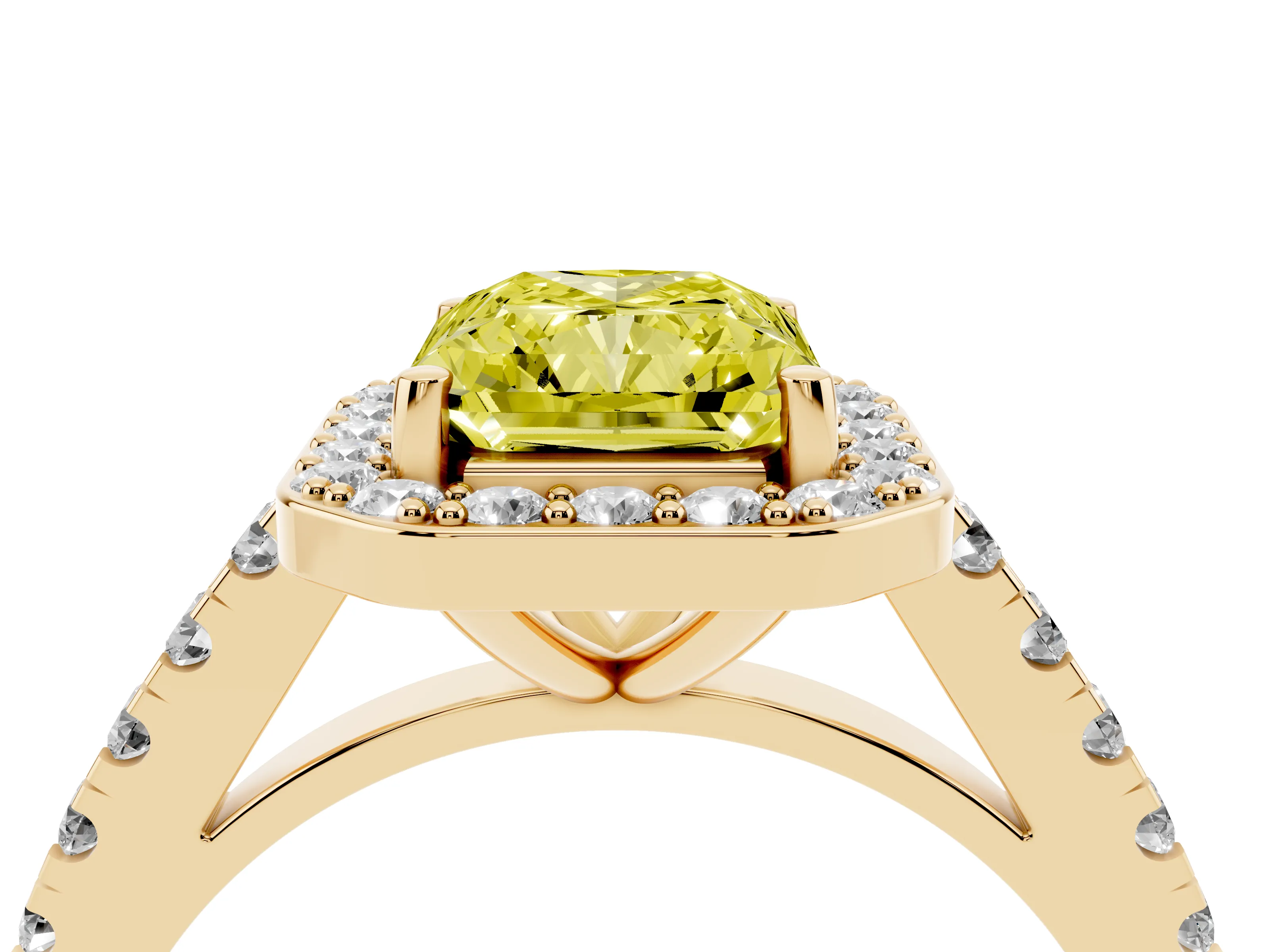 Fancy Yellow Radiant Cut Diamond Halo Ring Set in Yellow gold with Round Pavé Split Shank and Prong Setting