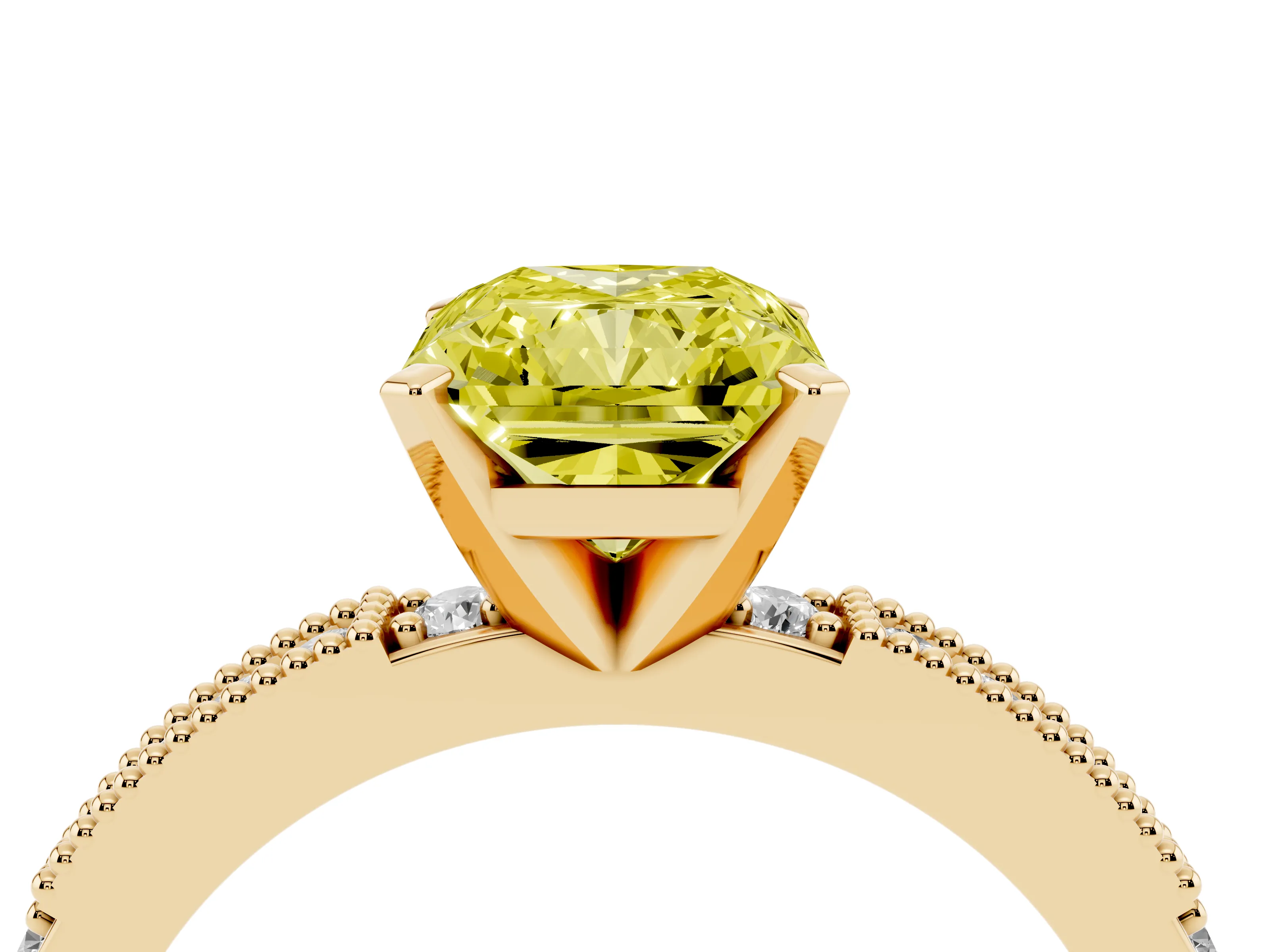 Fancy Yellow Radiant Cut Diamond Solitaire Ring Set in Yellow gold with Slim Pavé Band and Prong Setting