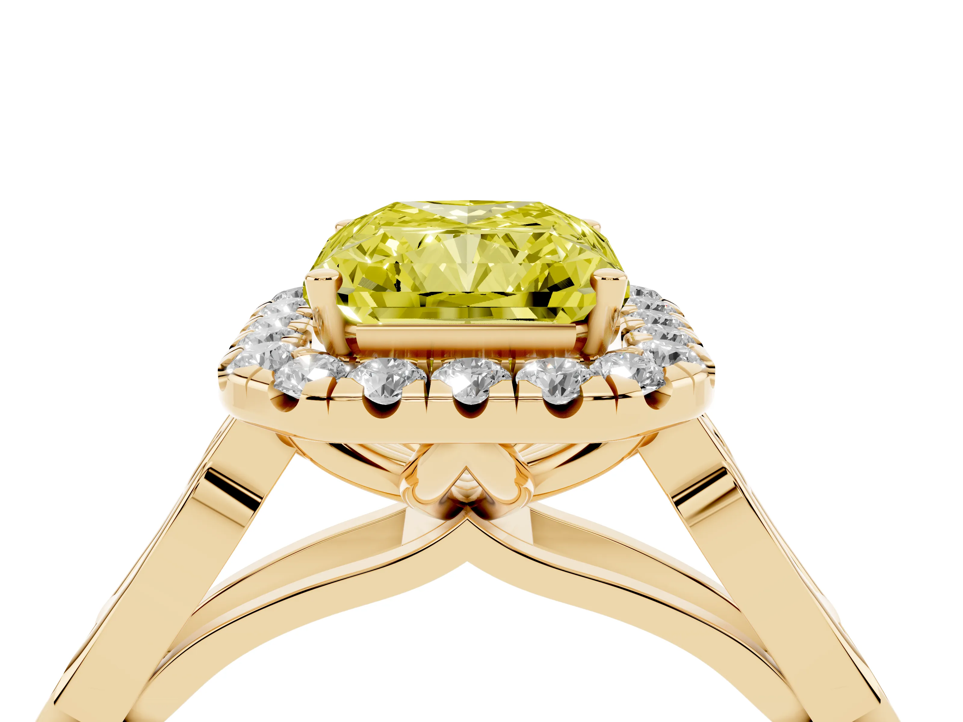 Fancy Yellow Radiant Cut Diamond Halo Engagement Ring Set in Yellow gold with Filigree Band and Prong-Set Center