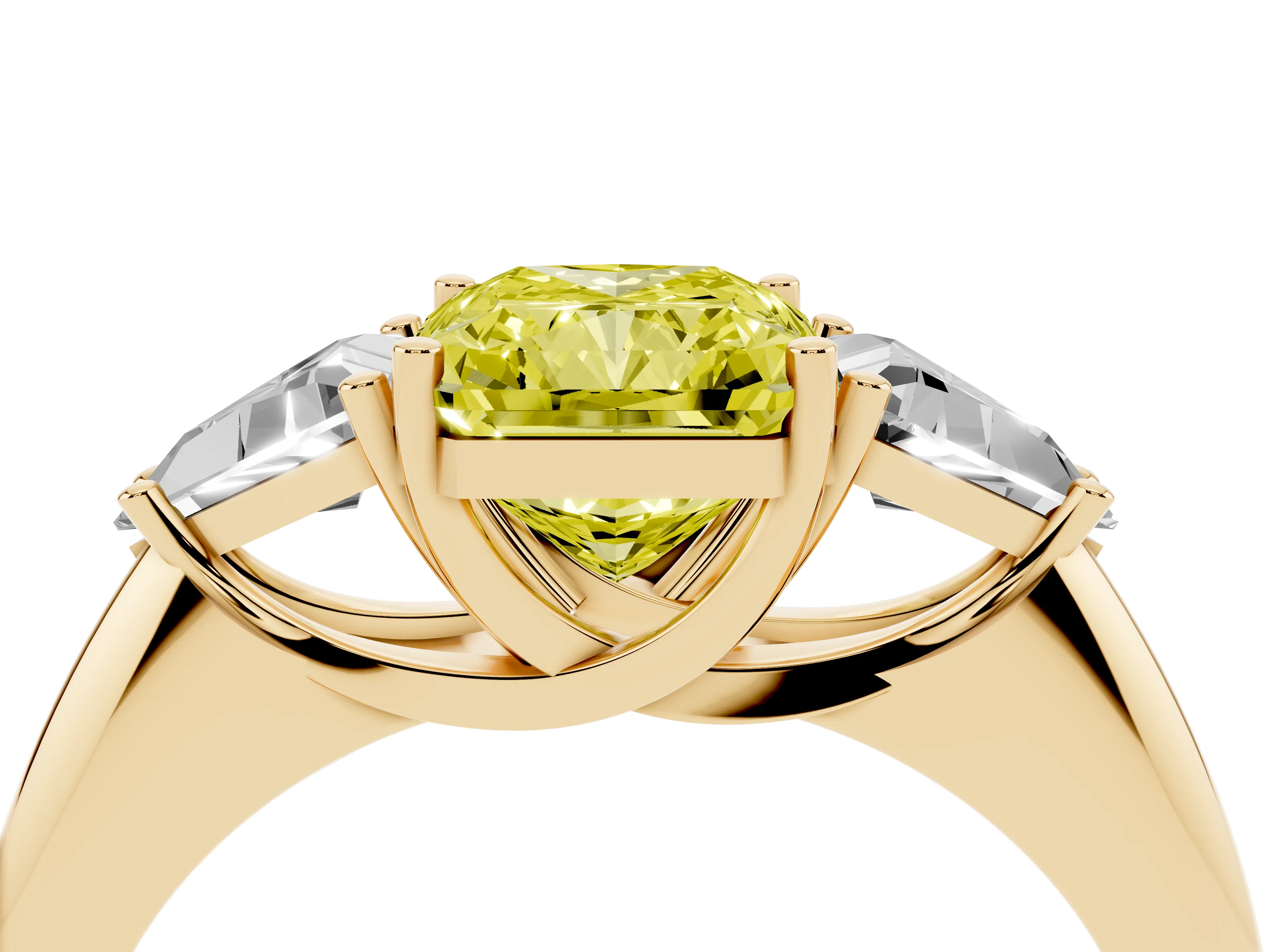 Fancy Yellow Radiant Cut Diamond Three-Stone Engagement Ring Set in Yellow gold with Trillion Side Stones