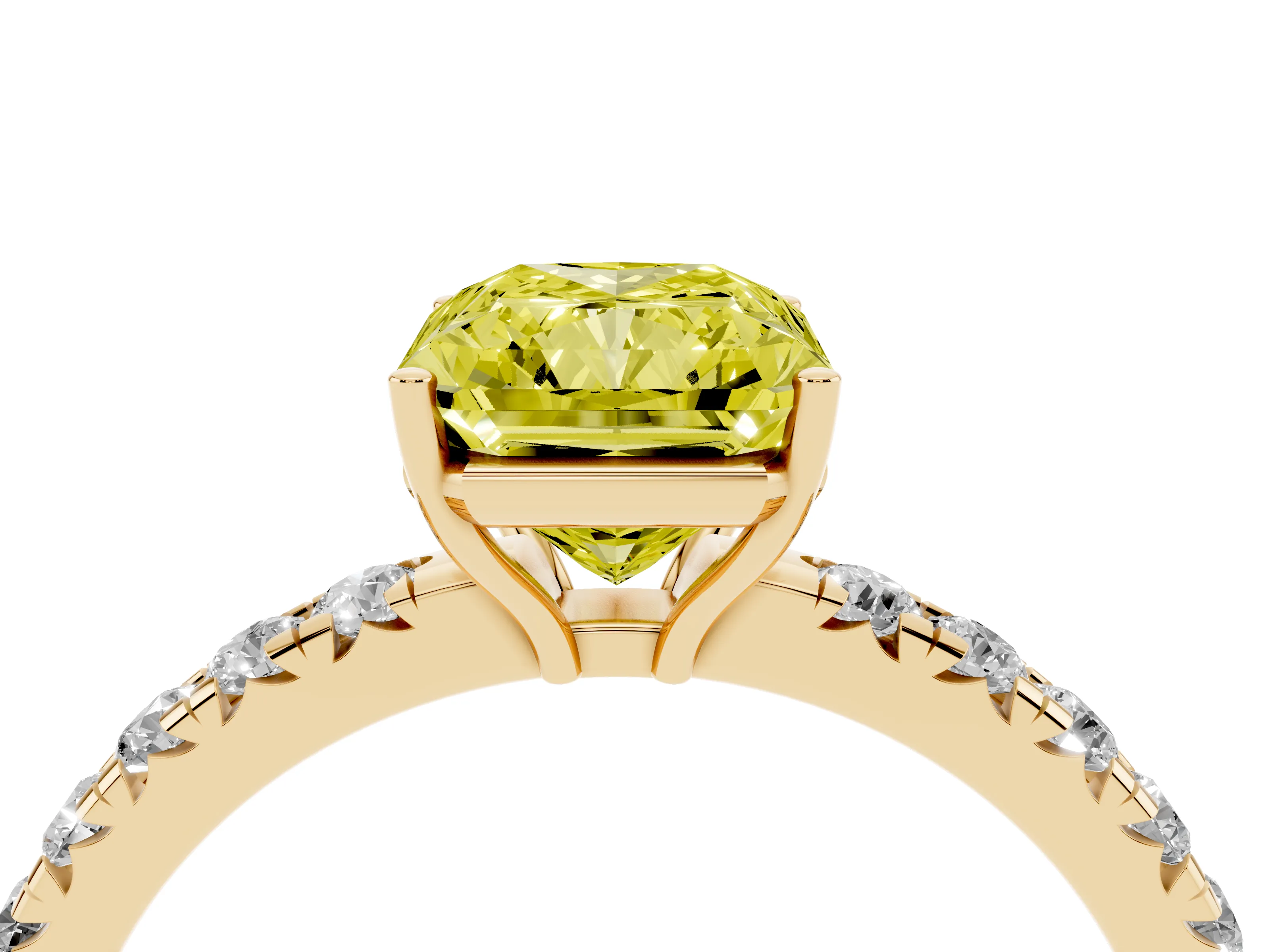 Fancy Yellow Radiant Cut Diamond Pavé Solitaire Engagement Ring Set in Yellow gold with Prong Setting