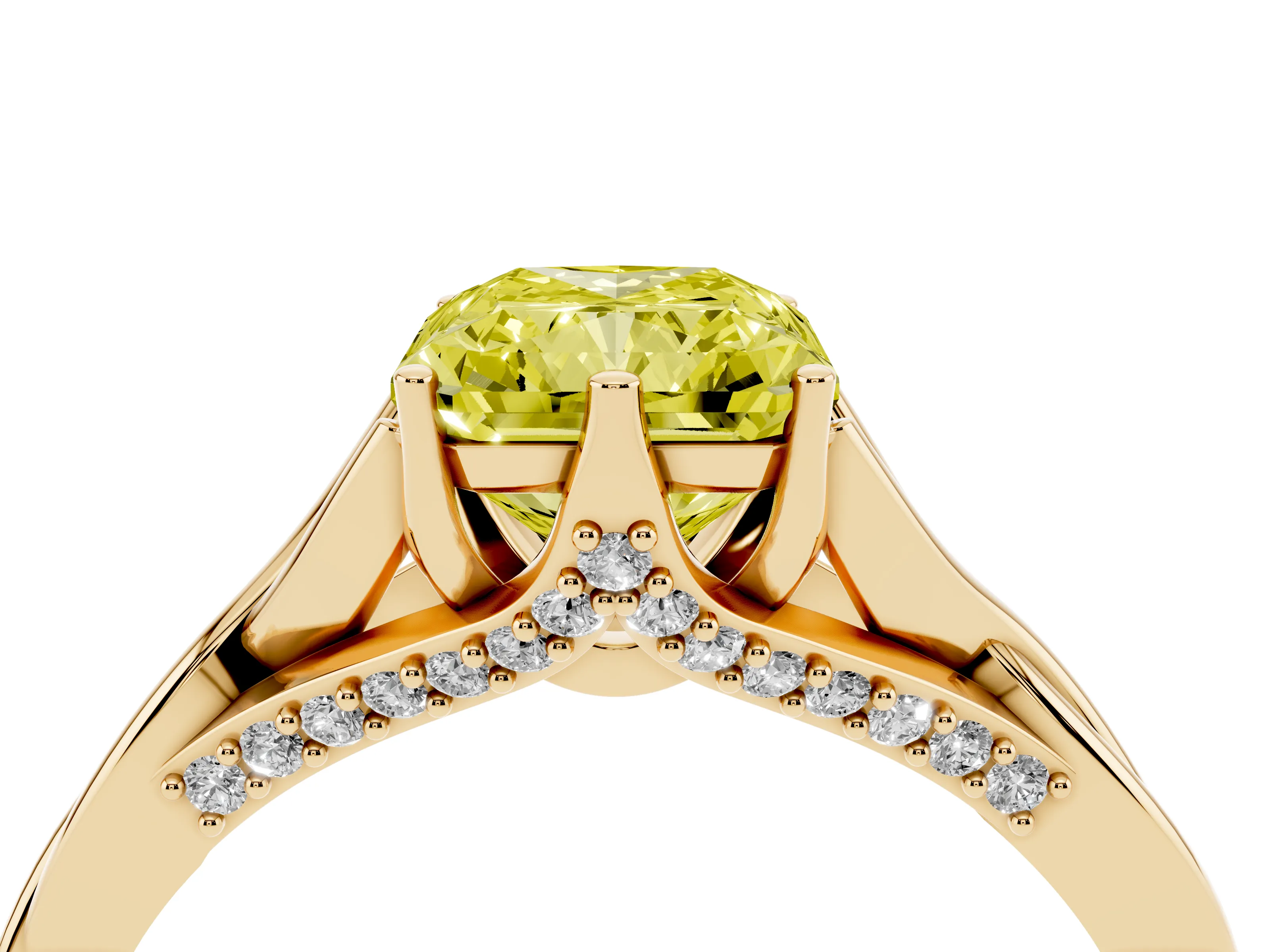 Fancy Yellow Radiant Cut Diamond Intertwined Twist Band Solitaire Ring Set in Yellow gold with Prong Setting