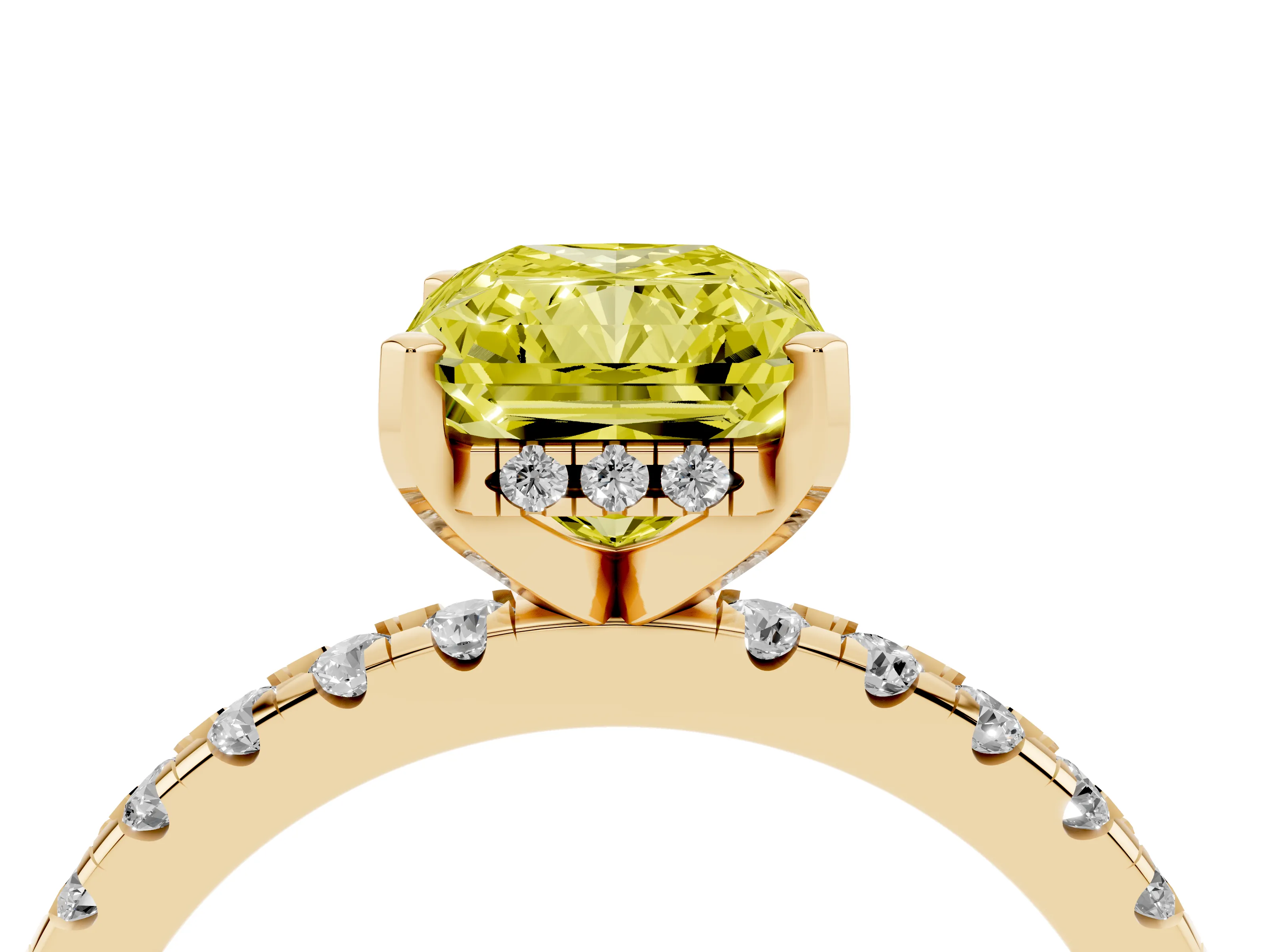 Fancy Yellow Radiant Cut Diamond Pavé Solitaire Ring Set in Yellow gold with Round Band Accents and Prong Setting