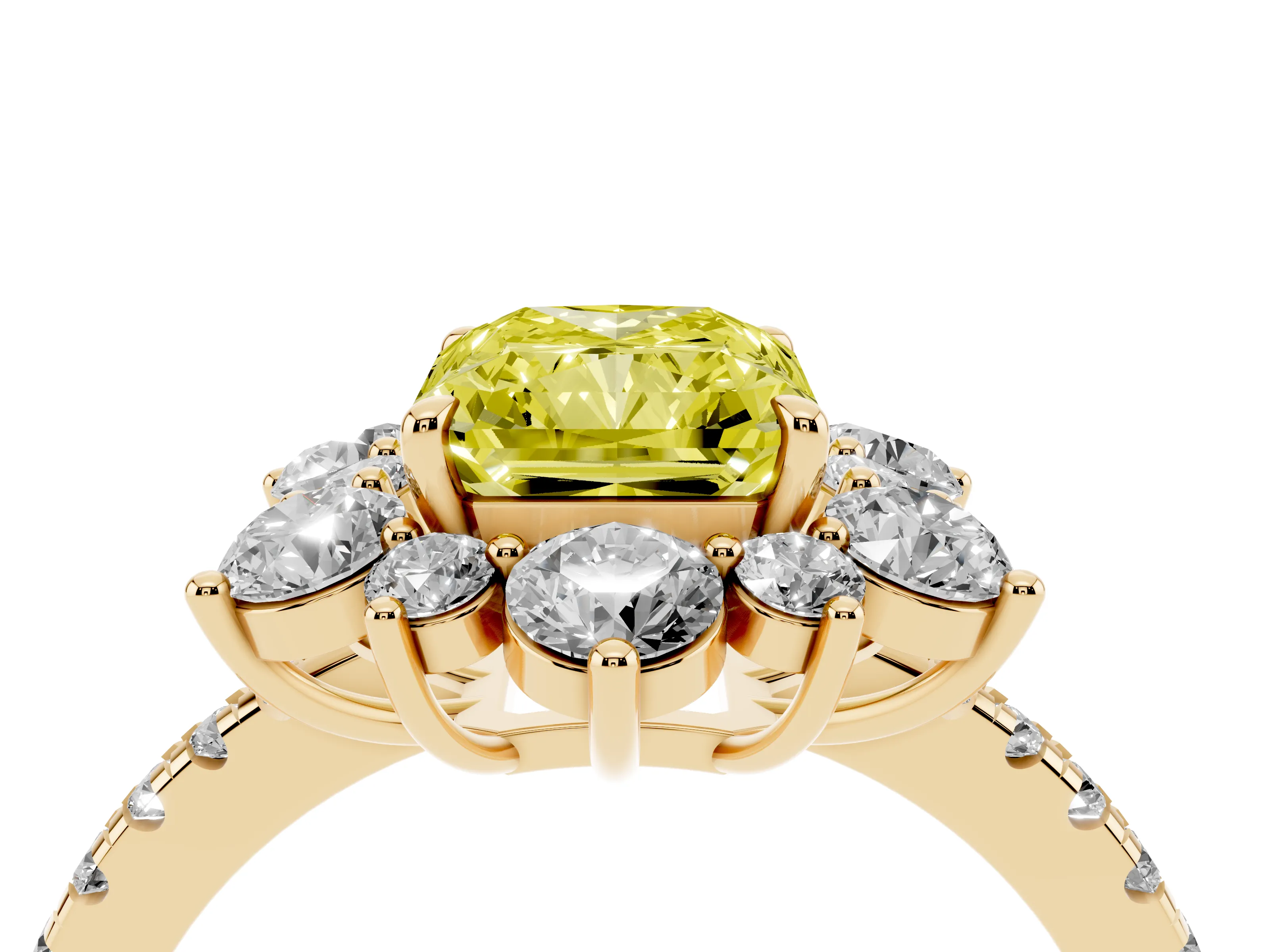 Fancy Yellow Radiant Cut Diamond Floral Halo Ring Set in Yellow gold with Round Pavé Band and Prong Setting