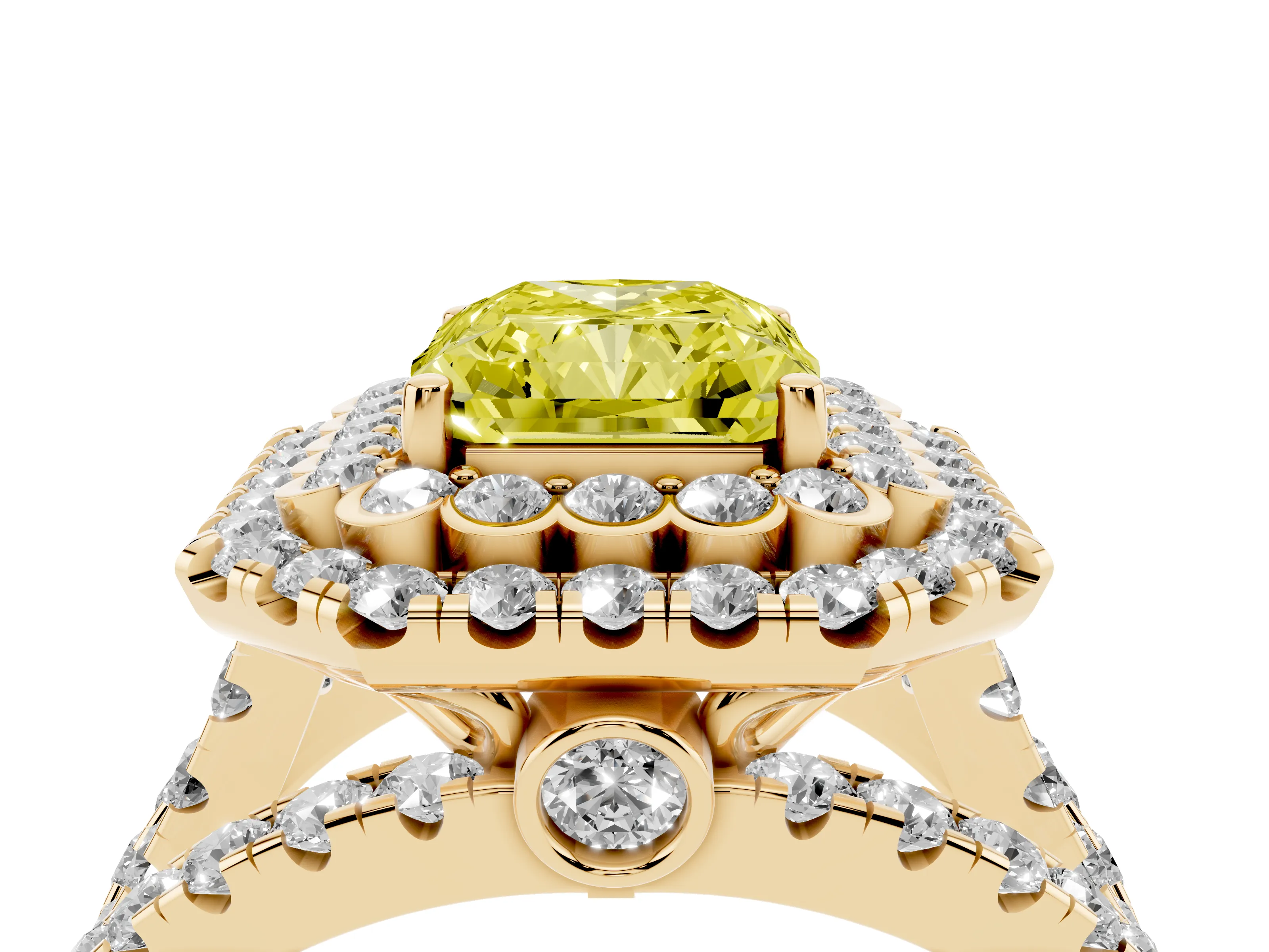 Fancy Yellow Radiant Cut Diamond Double Halo Ring Set in Yellow gold with Round Pavé Split Shank