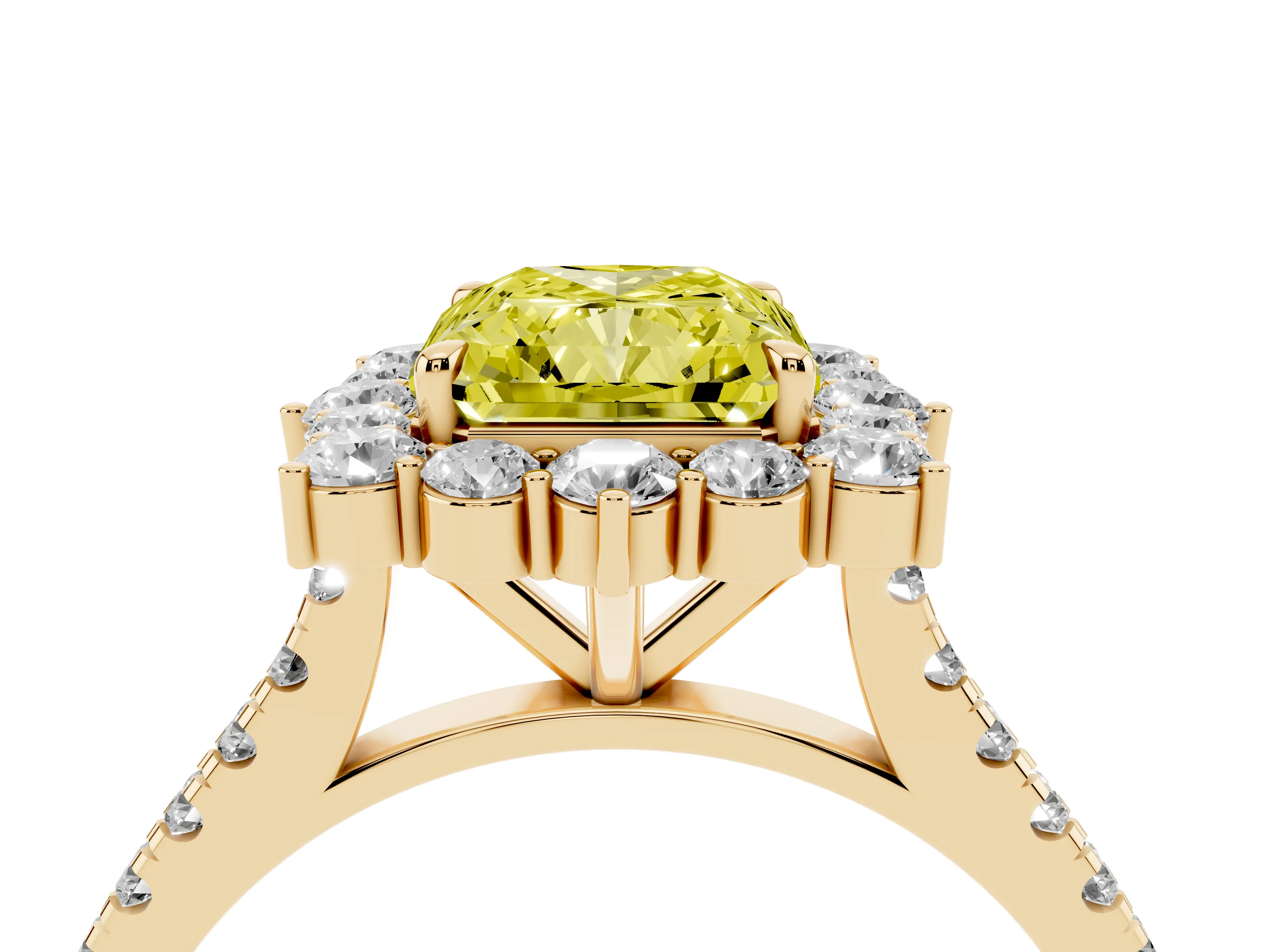 Fancy Yellow Radiant Cut Diamond Halo Ring Set in Yellow gold with Pavé Band and Prong Setting