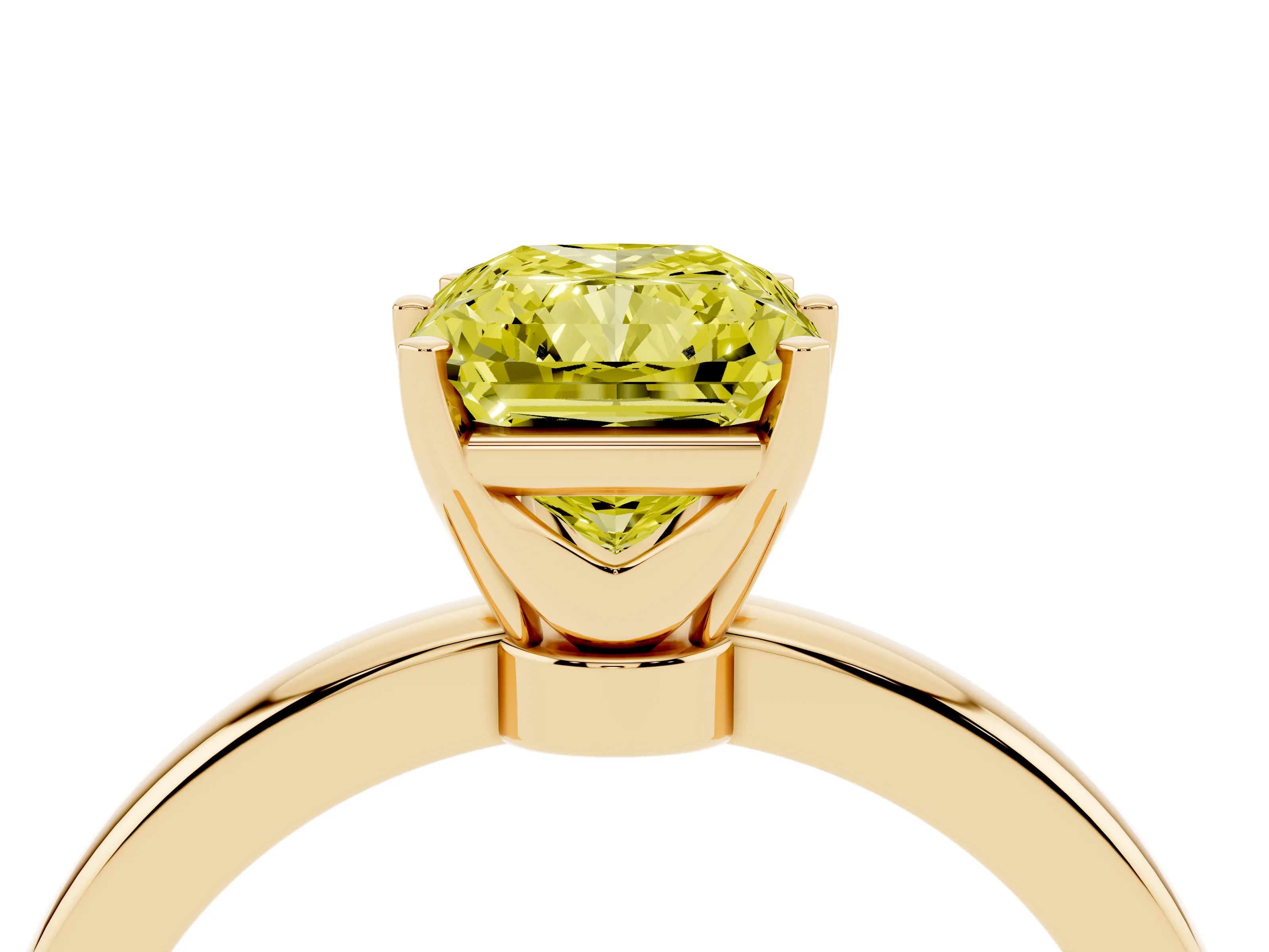 Fancy Yellow Radiant Cut Diamond Solitaire Ring Set in Yellow gold with Raised Prong Setting on a Classic Band