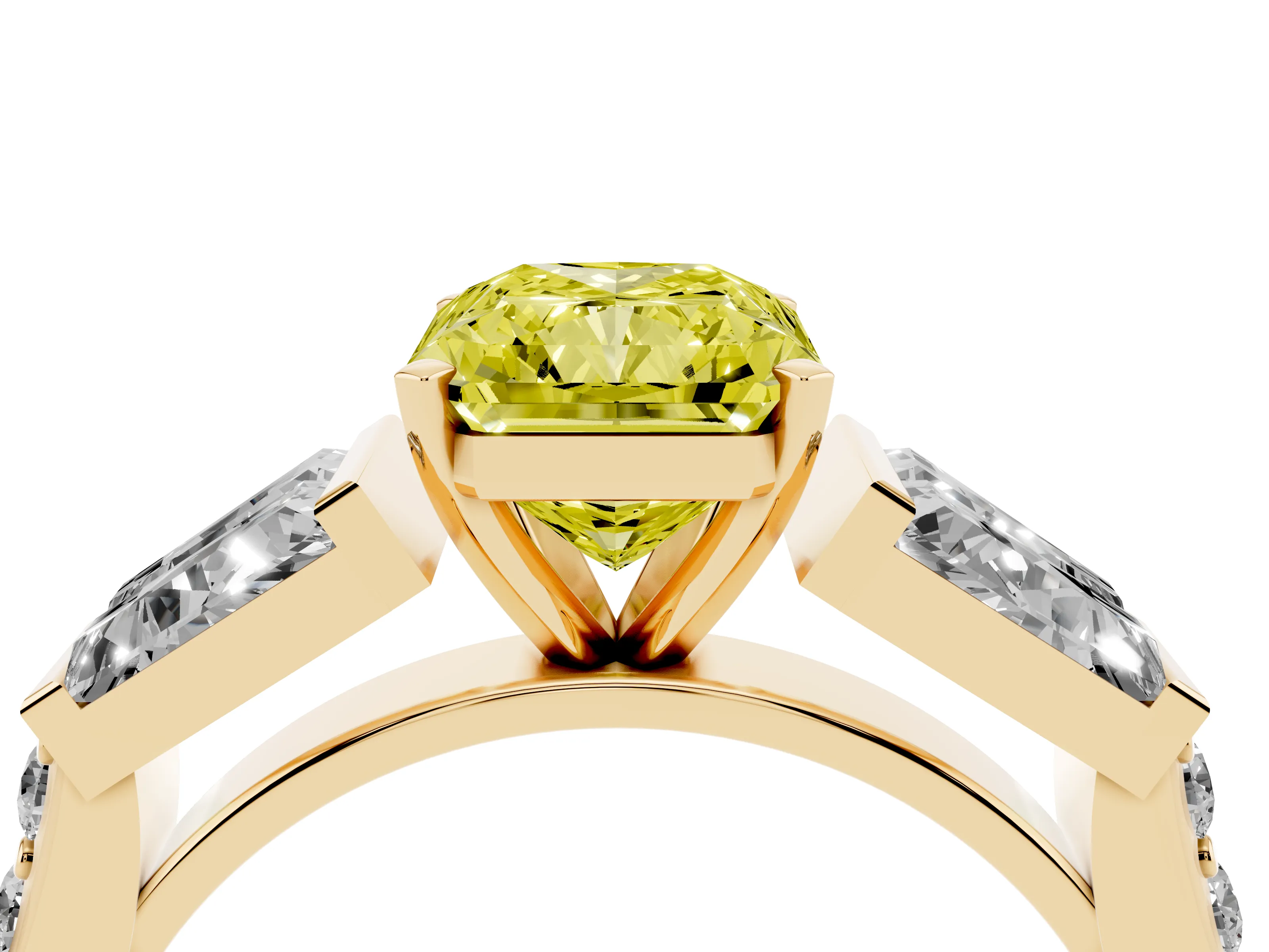 Fancy Yellow Radiant Cut Diamond Engagement Ring Set in Yellow gold with Baguette Side Stones and Channel Set Band