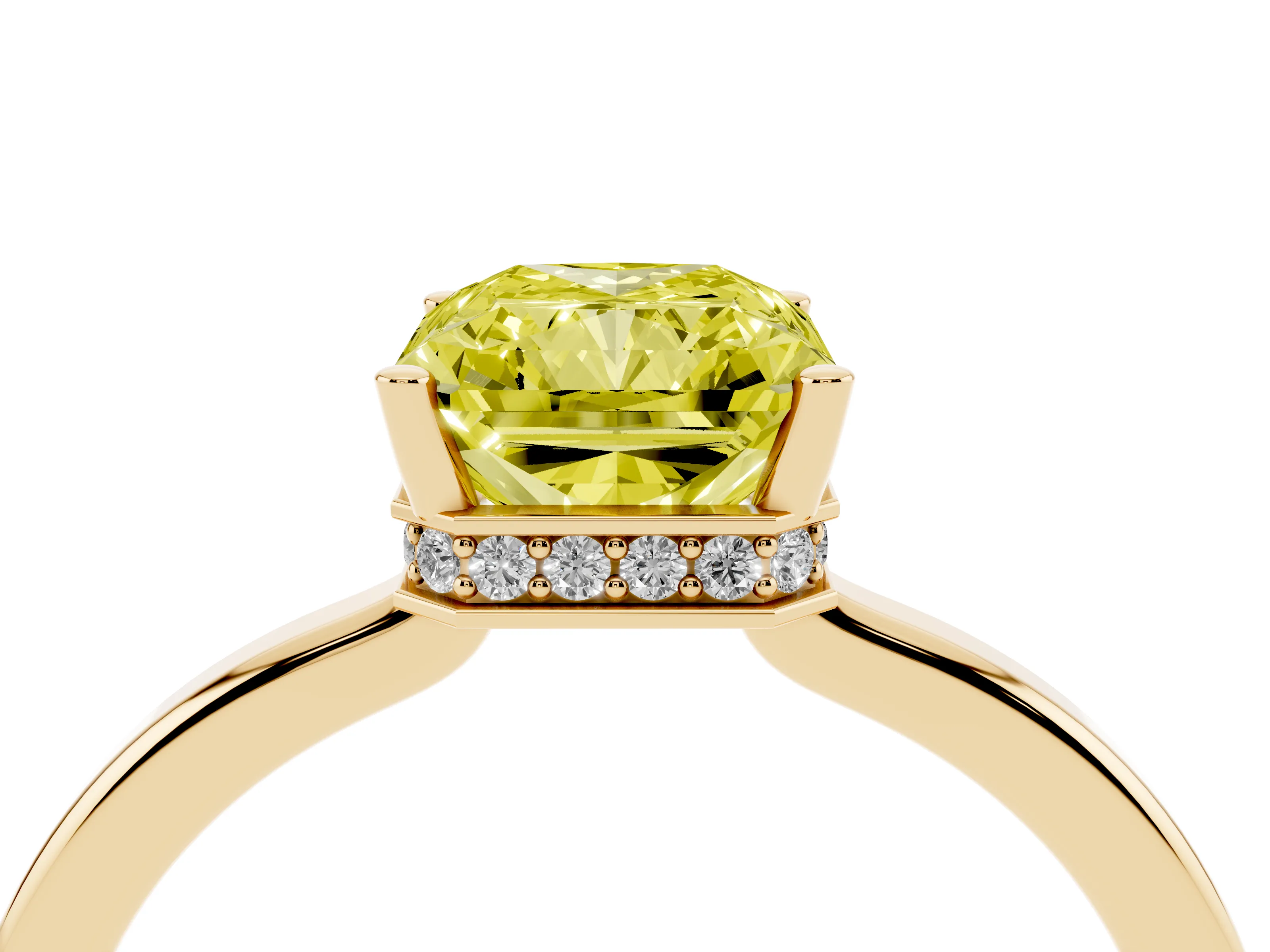 Fancy Yellow Radiant Cut Diamond Solitaire Engagement Ring Set in Yellow gold with Prong Setting on a Plain Band