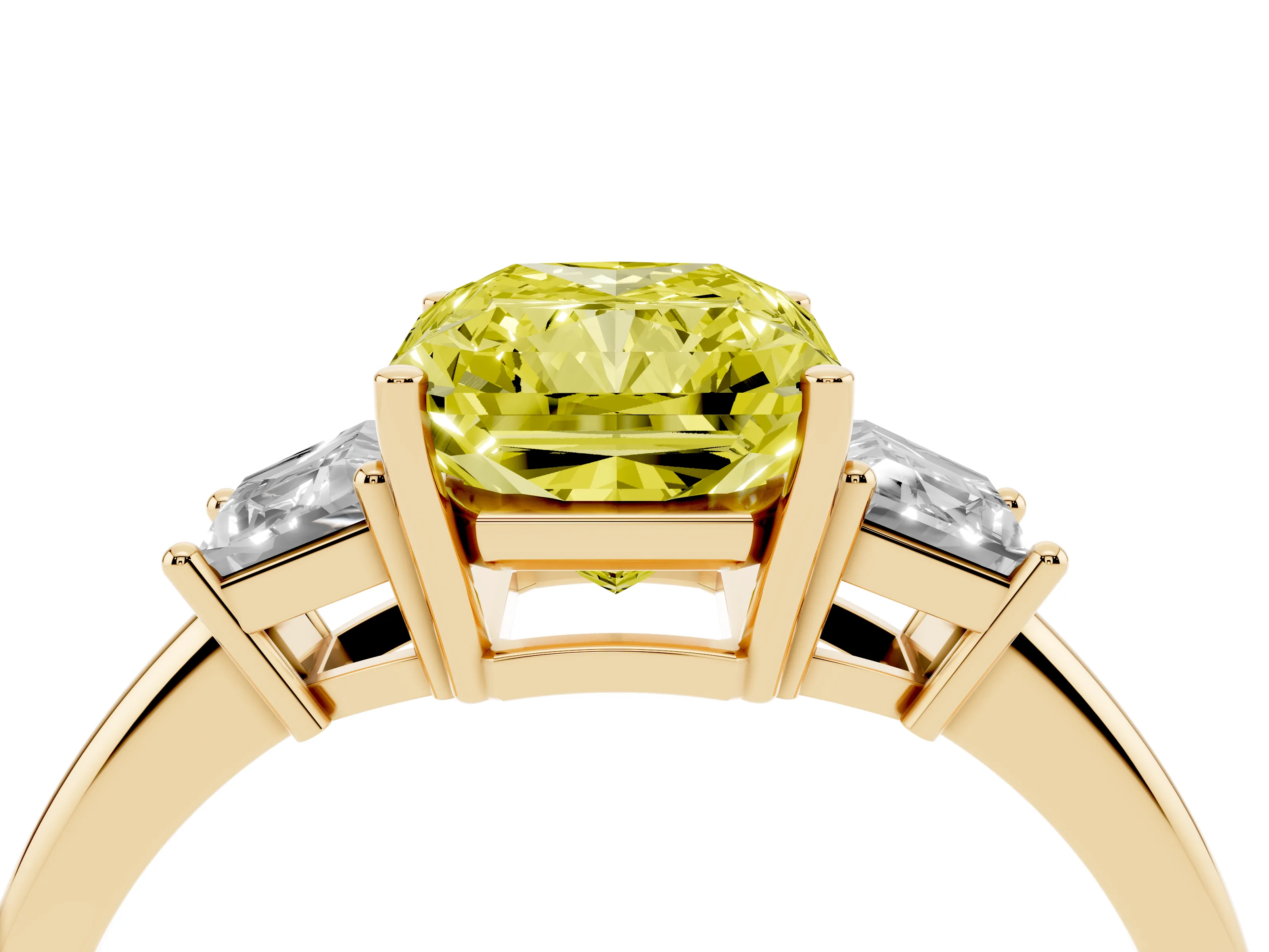 Fancy Yellow Radiant Cut Diamond Three-Stone Ring Set in Yellow gold with Trapezoid Side Stones and Prong Setting