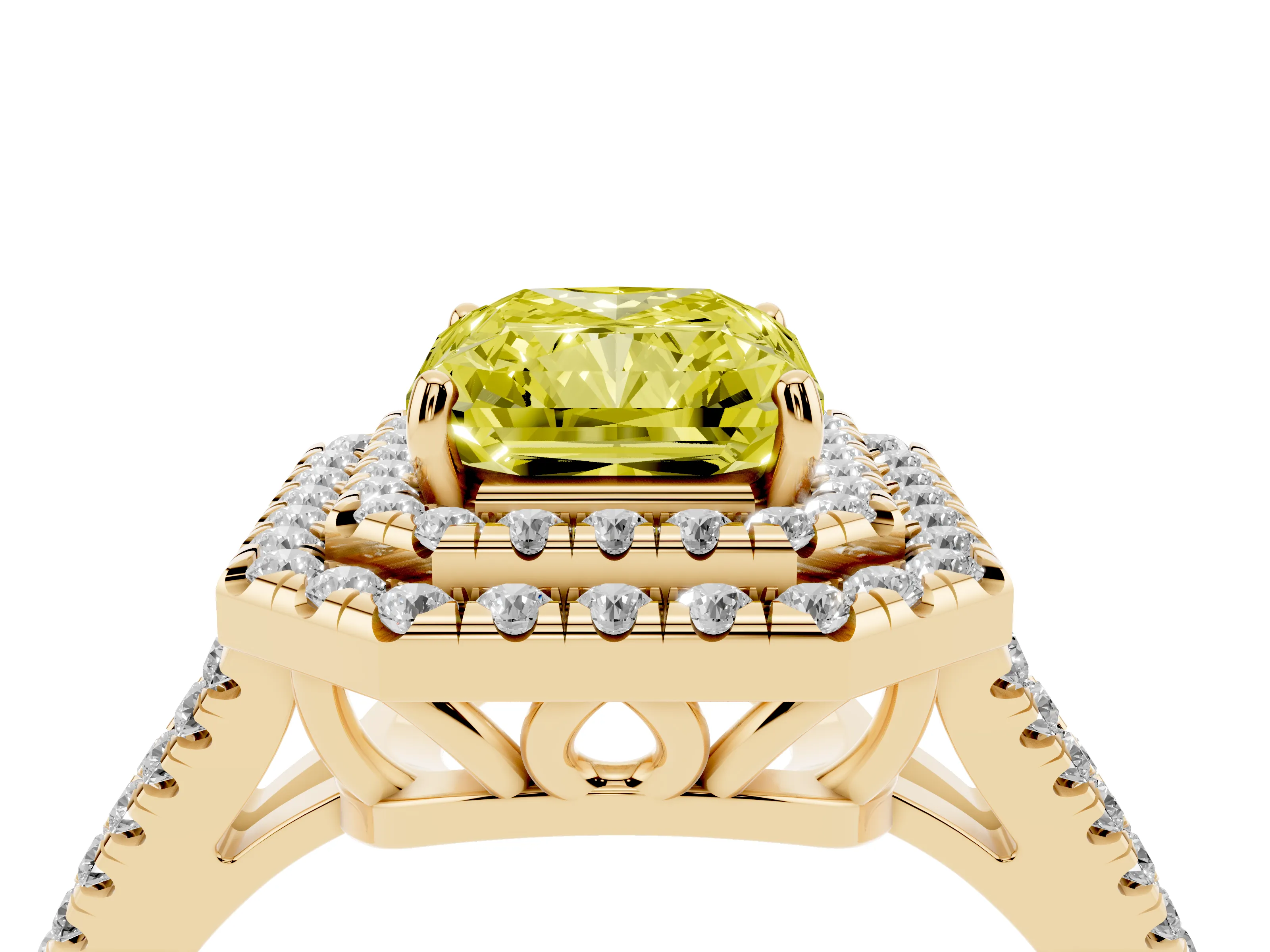 Fancy Yellow Radiant Cut Diamond Double Halo Ring Set in Yellow gold with Pavé Band